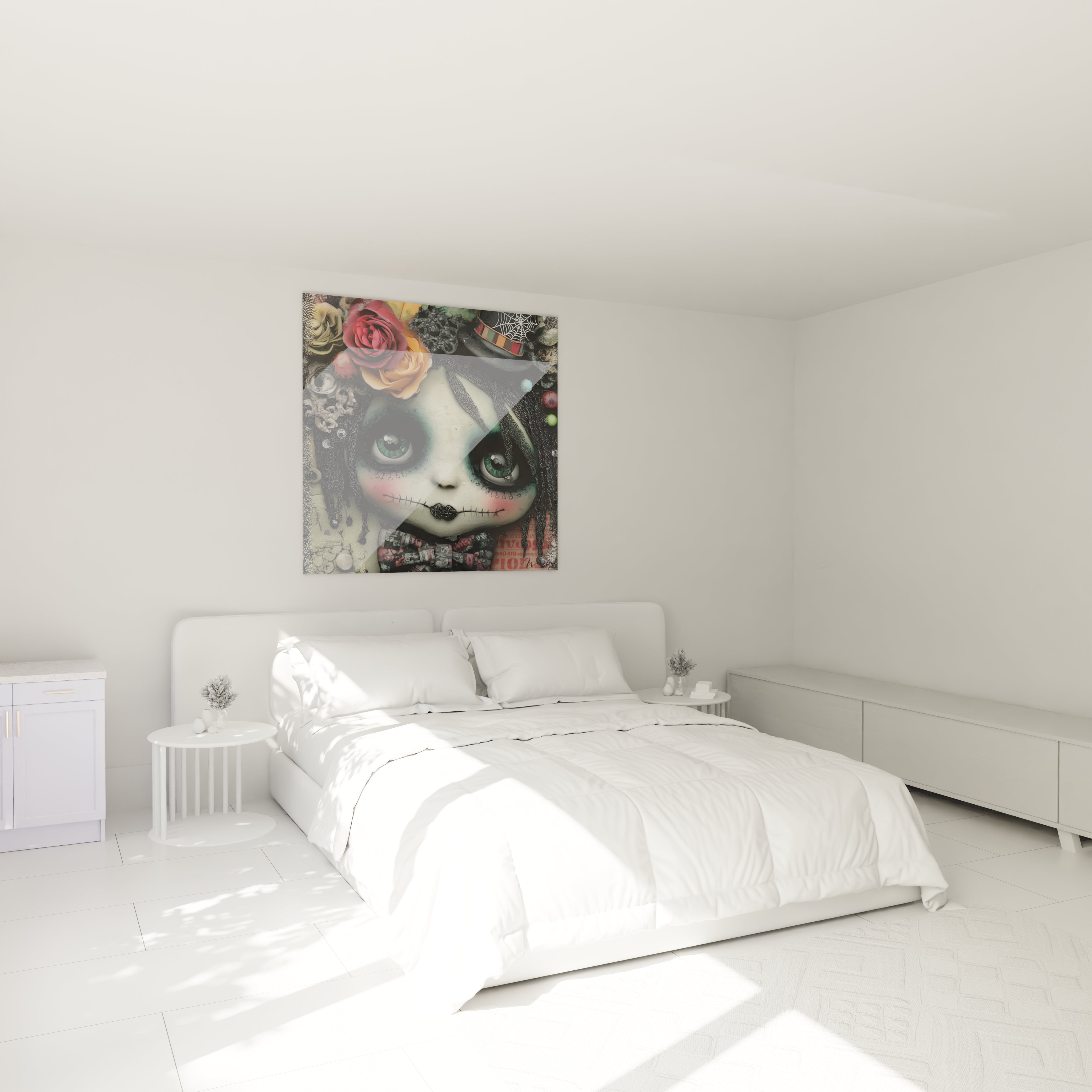 tableau poupée halloween Walensky mural coloré visage de poupée gothique aux fleurs sur un lit blanc