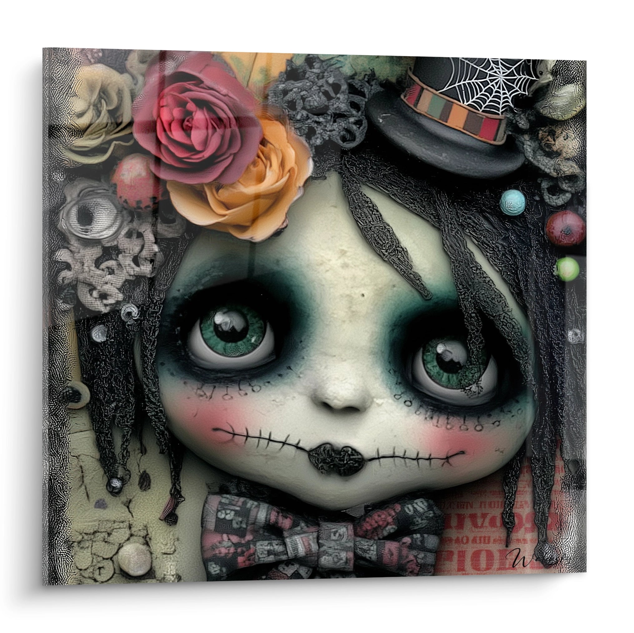 tableau poupée halloween Walensky portrait mural de poupée gothique aux yeux verts bouche cousue