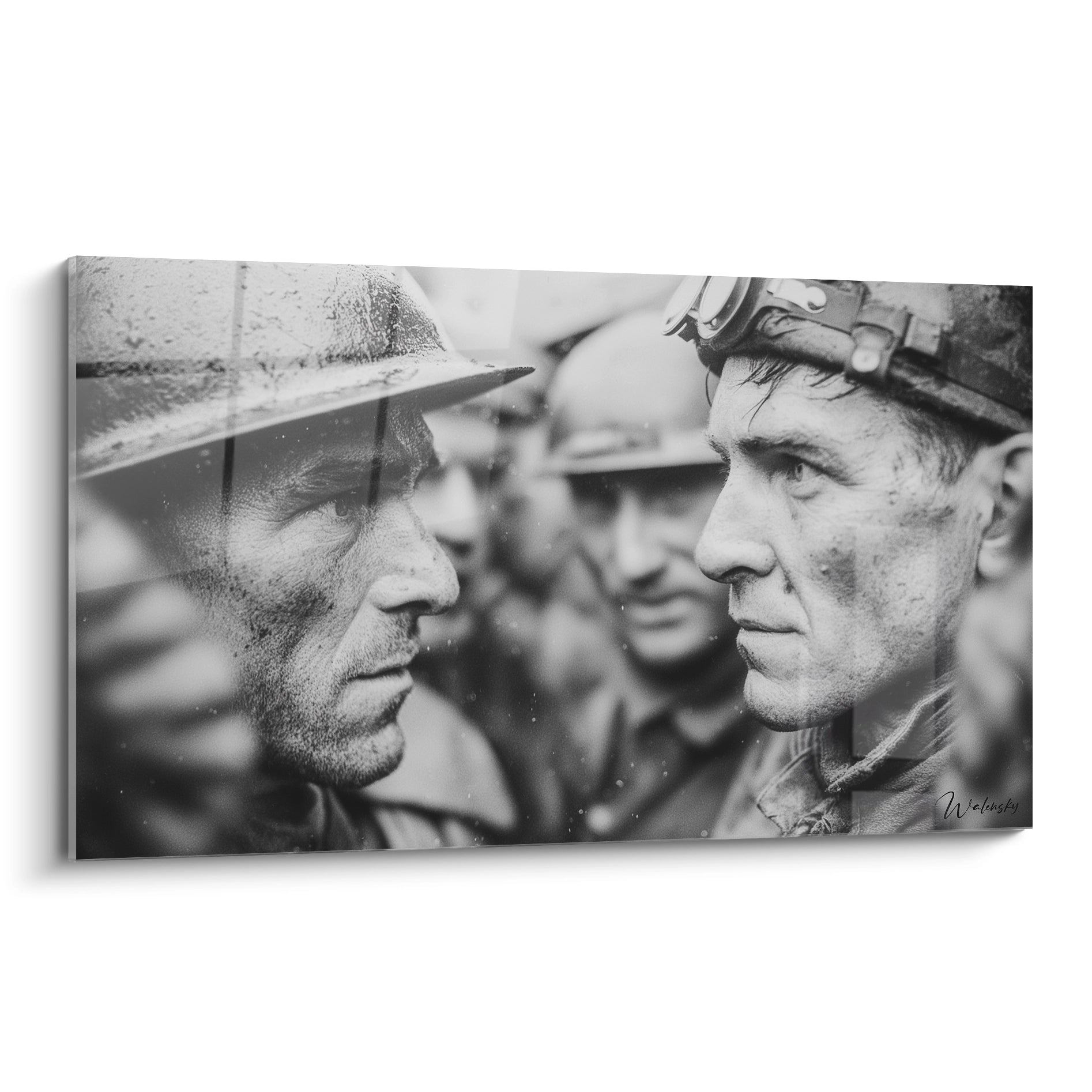 tableau première guerre mondiale Walensky toile noir et blanc soldats en gros plan visages boueux casques