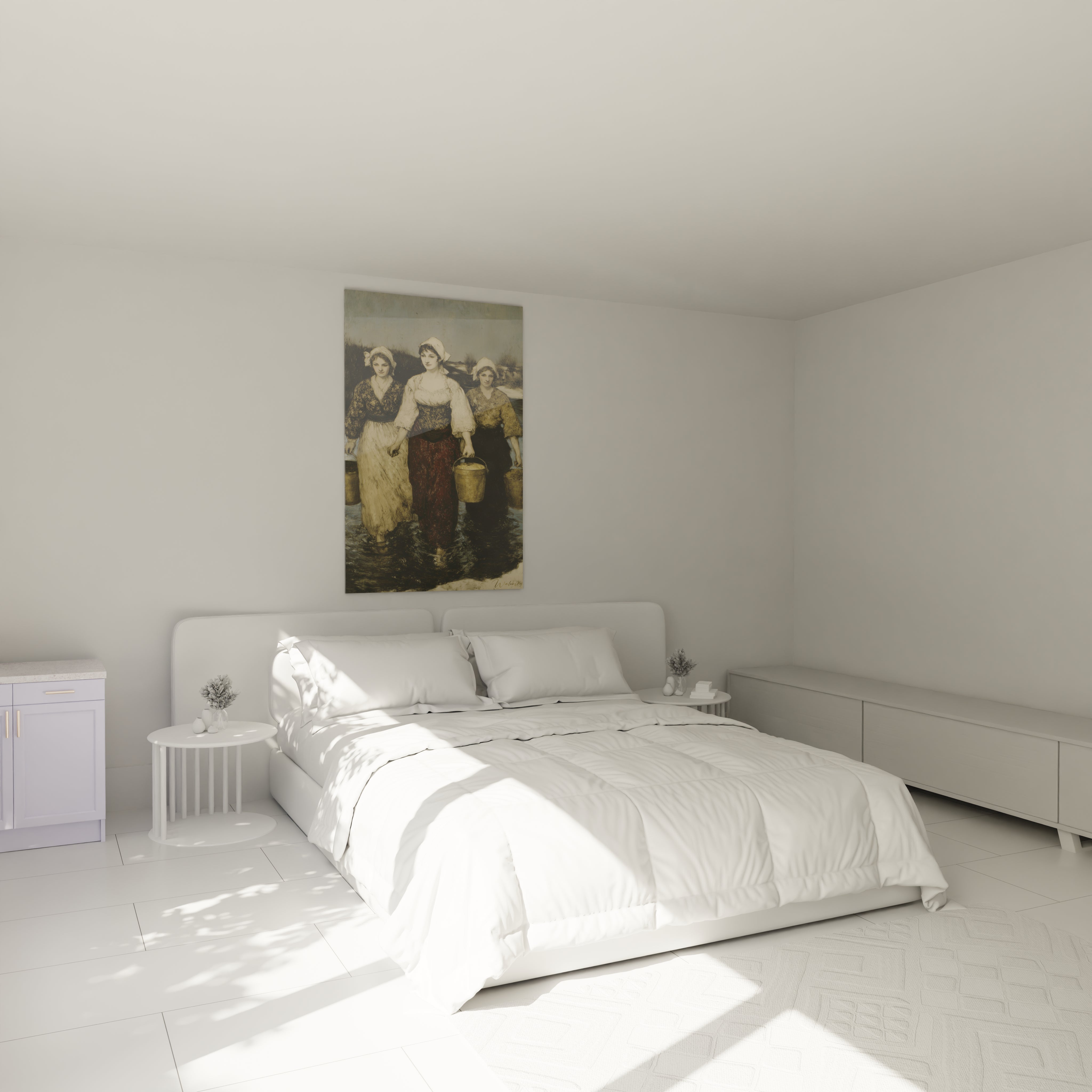 Chambre minimaliste avec grand lit blanc et tableau realisme femmes labeur style classique au dessus du lit par Walensky