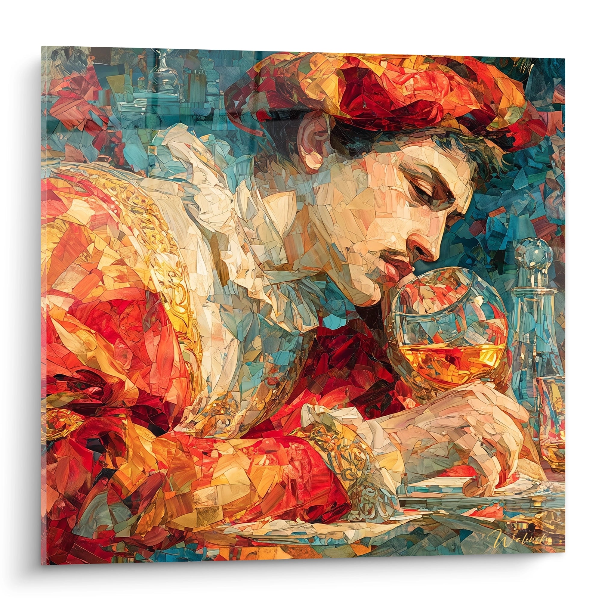 Tableau mural Walensky montrant un tableau renaissance noble seigneur contemplant un verre de vin en costume riche