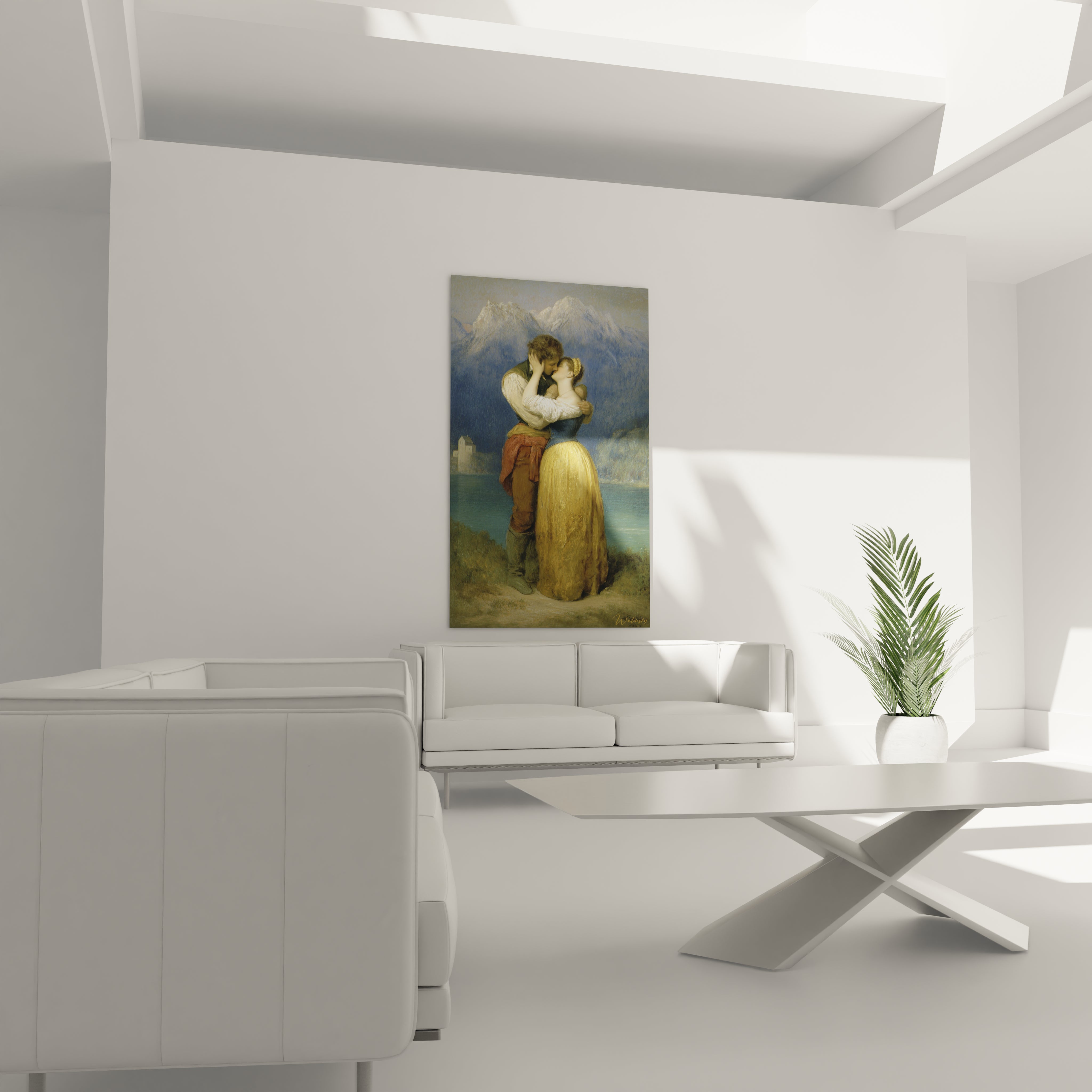 Tableau mural Walensky avec tableau romantique couple alpes enlacé devant des montagnes et un lac dans un salon moderne