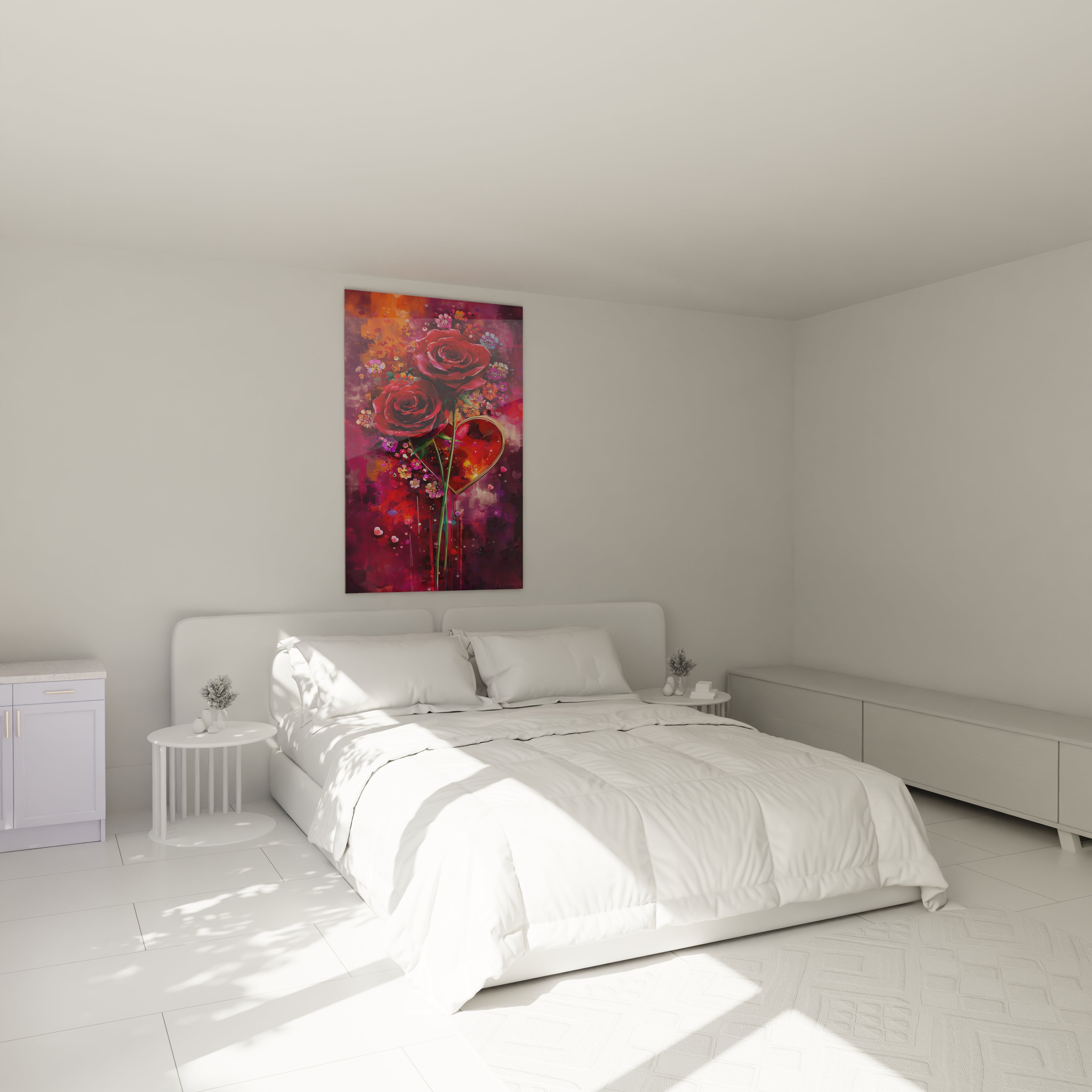 tableau rose amour Walensky tableau mural floral aux roses et coeur accroché au dessus d un lit blanc lumineux