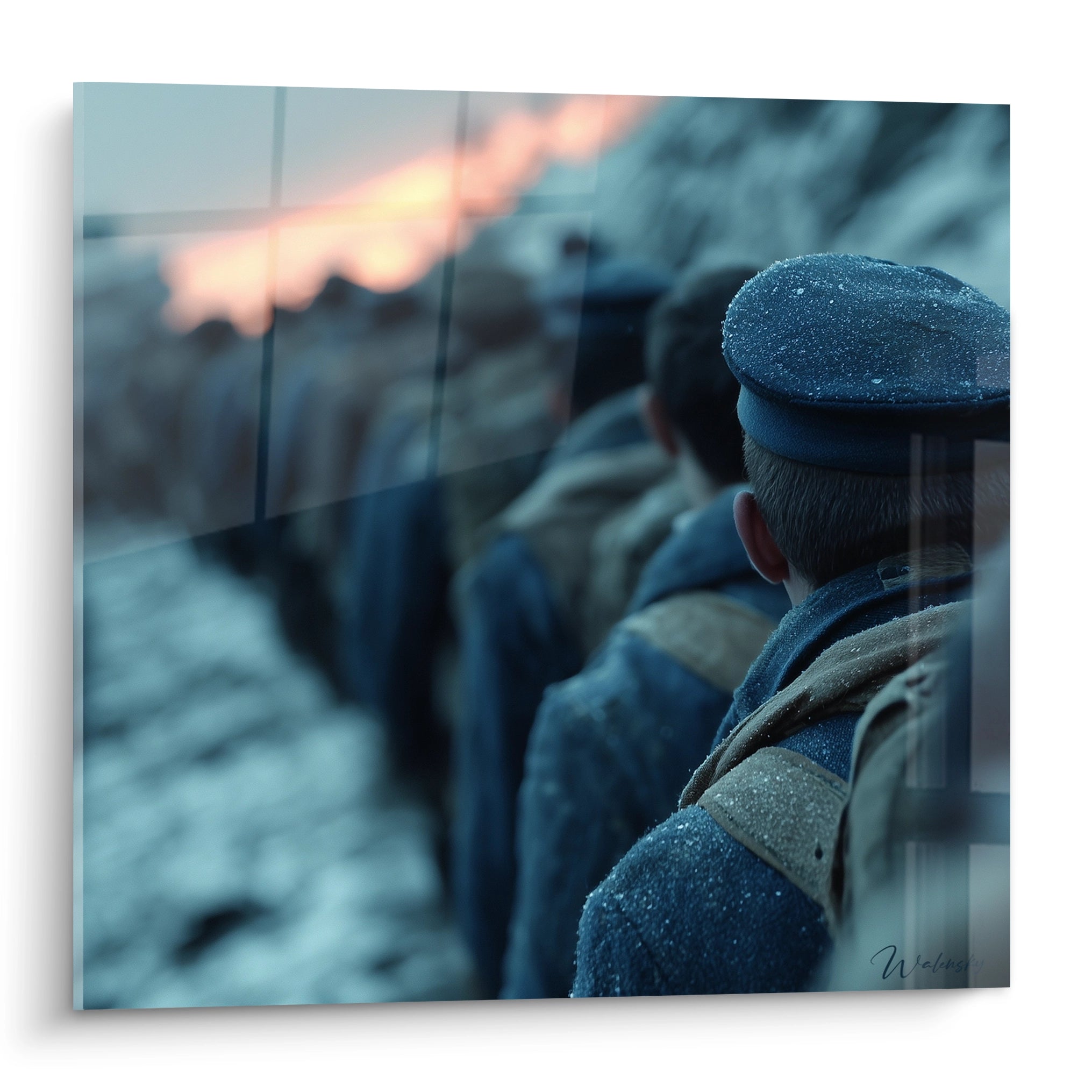 Tableau mural Walensky montrant des soldats alignés dans la neige au crépuscule vue de dos tableau soldat première guerre mondiale