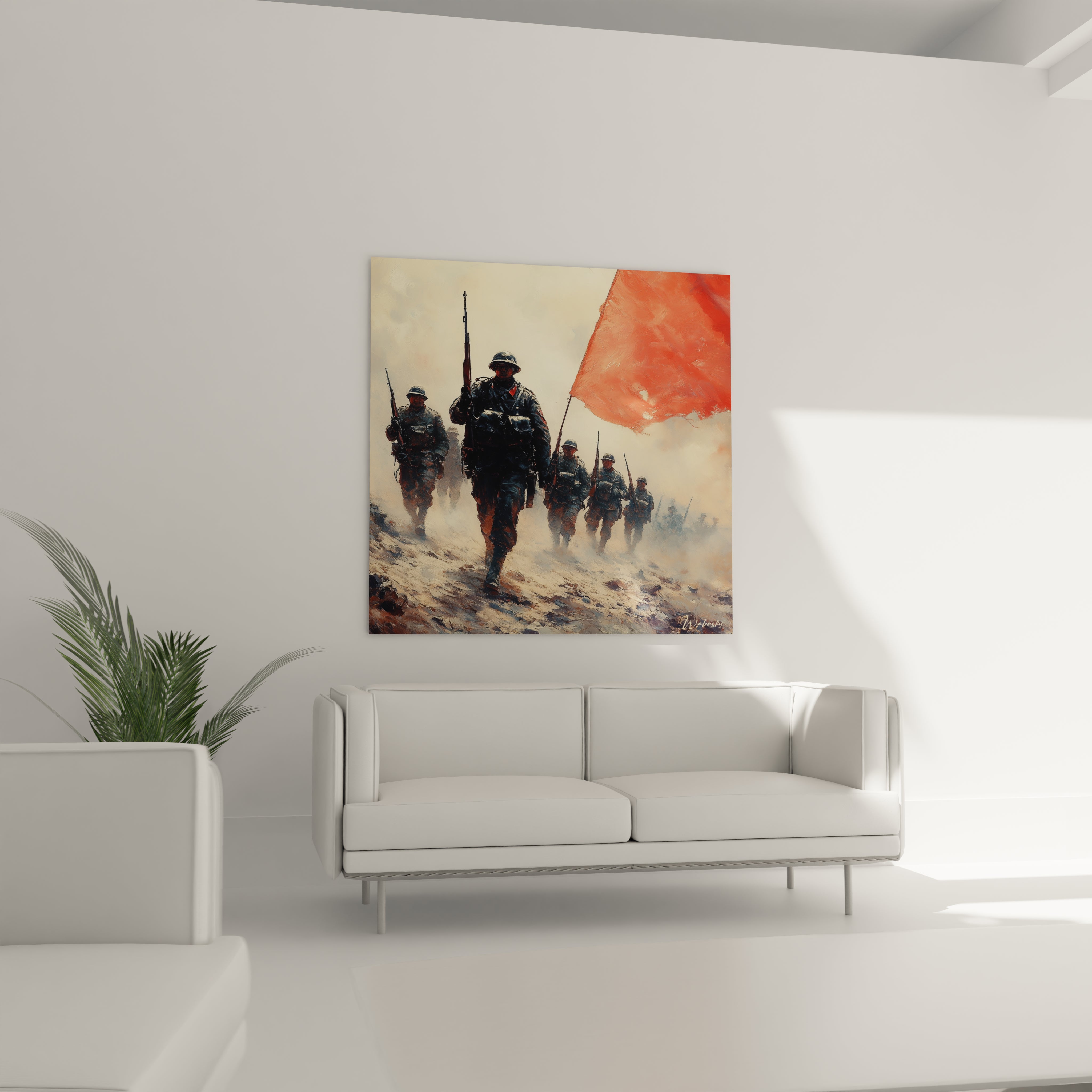 Tableau mural Walensky de soldats marchant dans la brume avec drapeau rouge tableau soldats seconde guerre mondiale