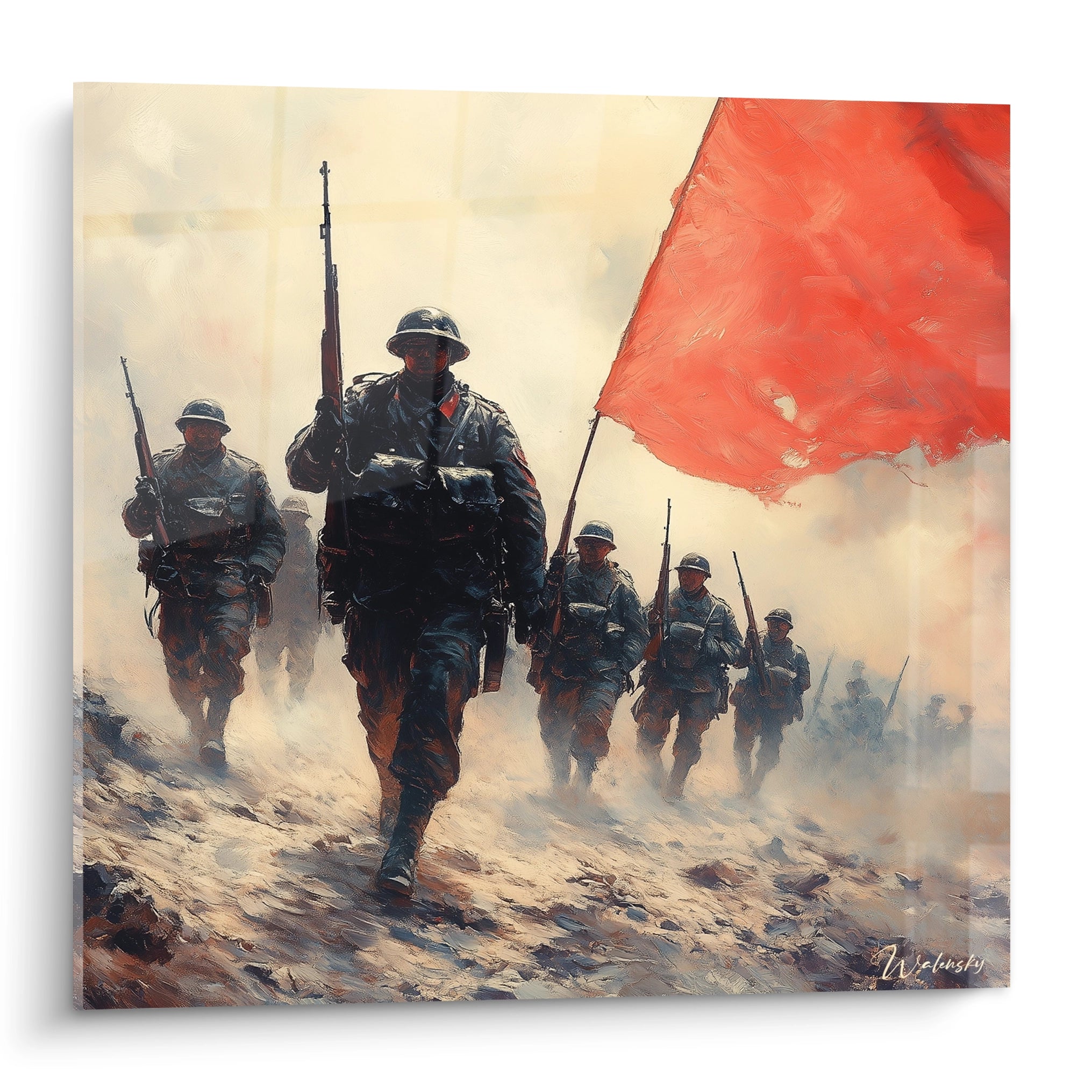 Tableau mural Walensky de soldats en marche avec drapeau rouge tableau soldats seconde guerre mondiale dramatique