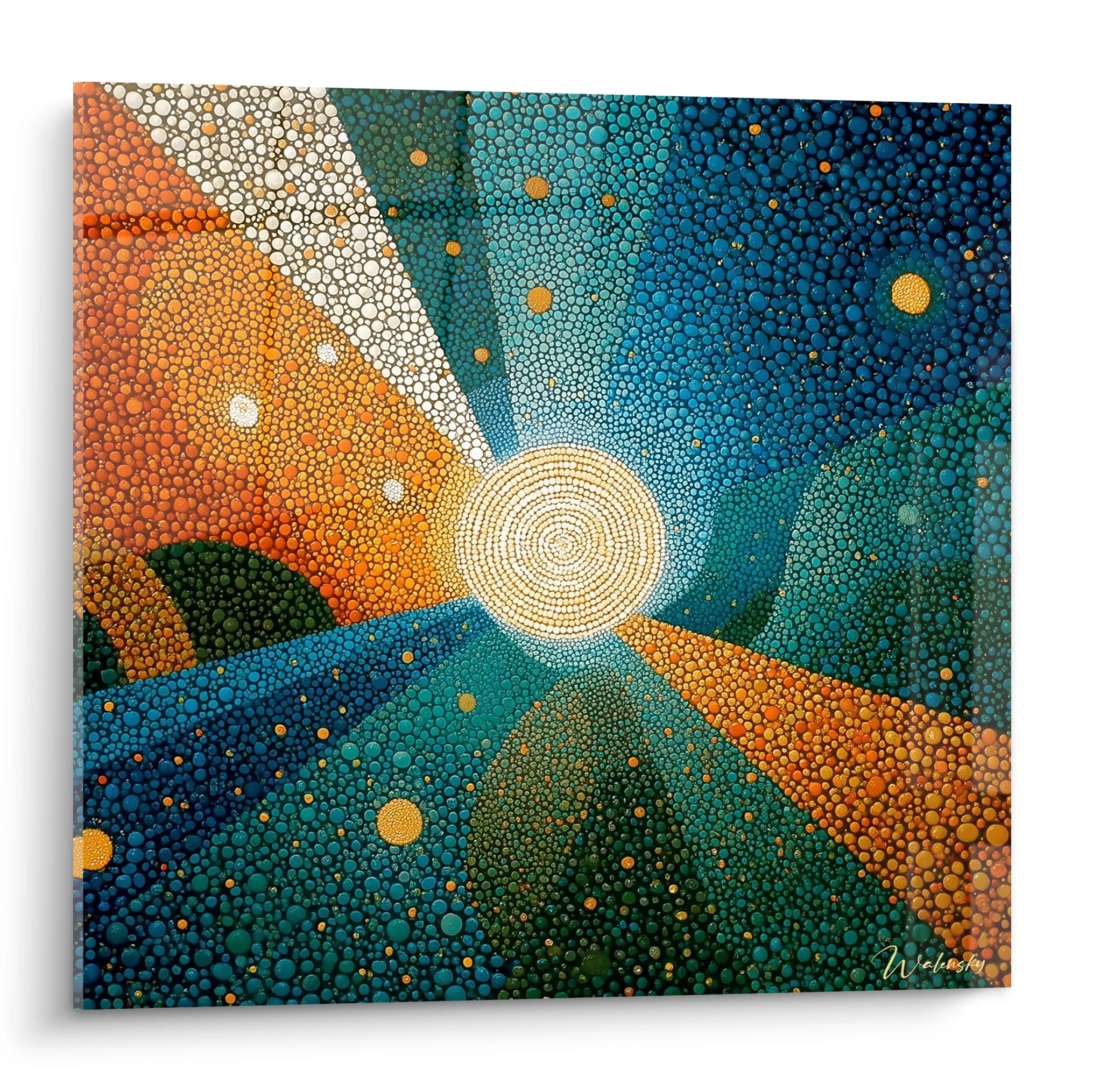 Tableau mural Walensky tableau soleil spirale pointillisme peinture abstraite en bleu vert et orange