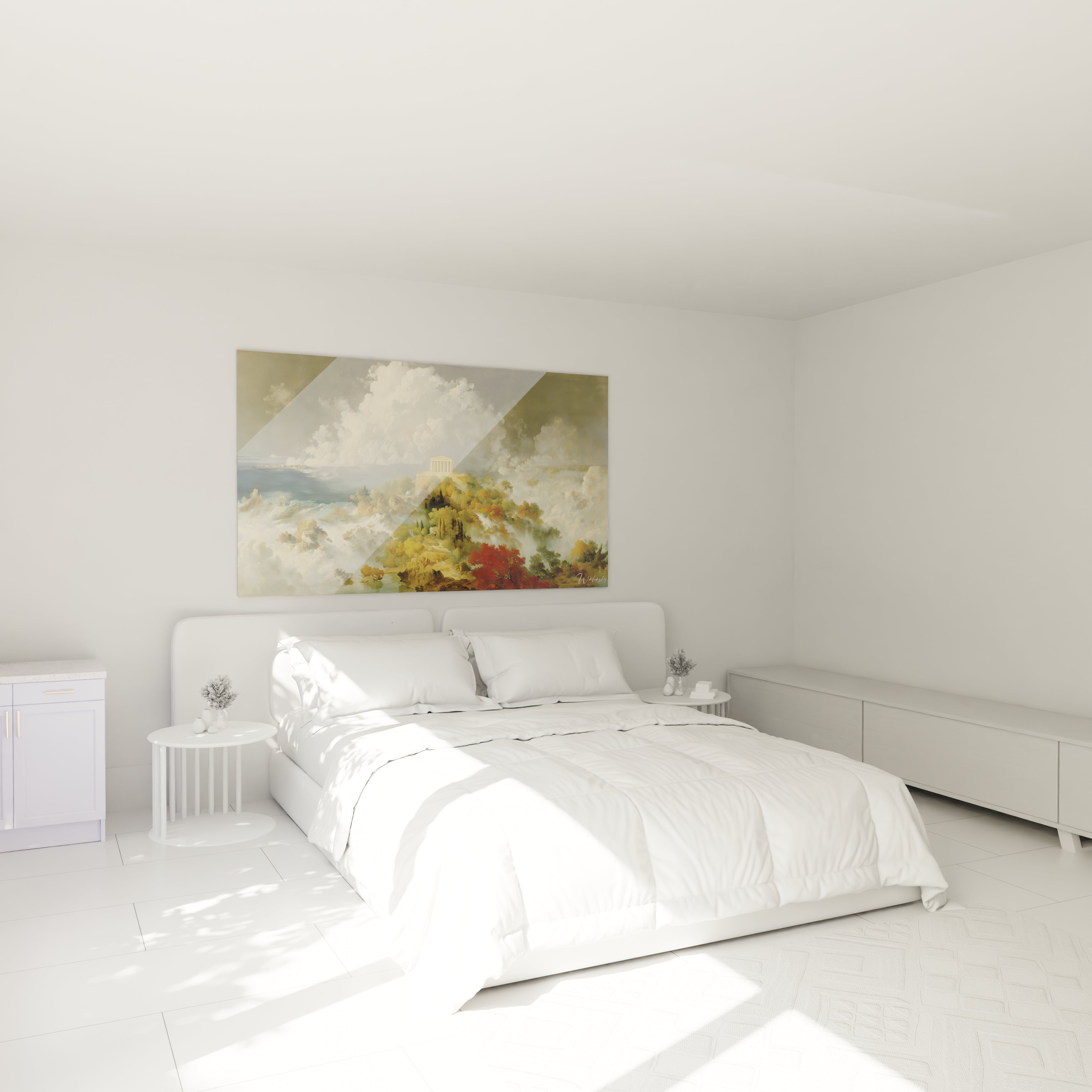 Chambre minimaliste blanche avec lit double et tableau temple antique romantisme paysage classique au dessus du lit