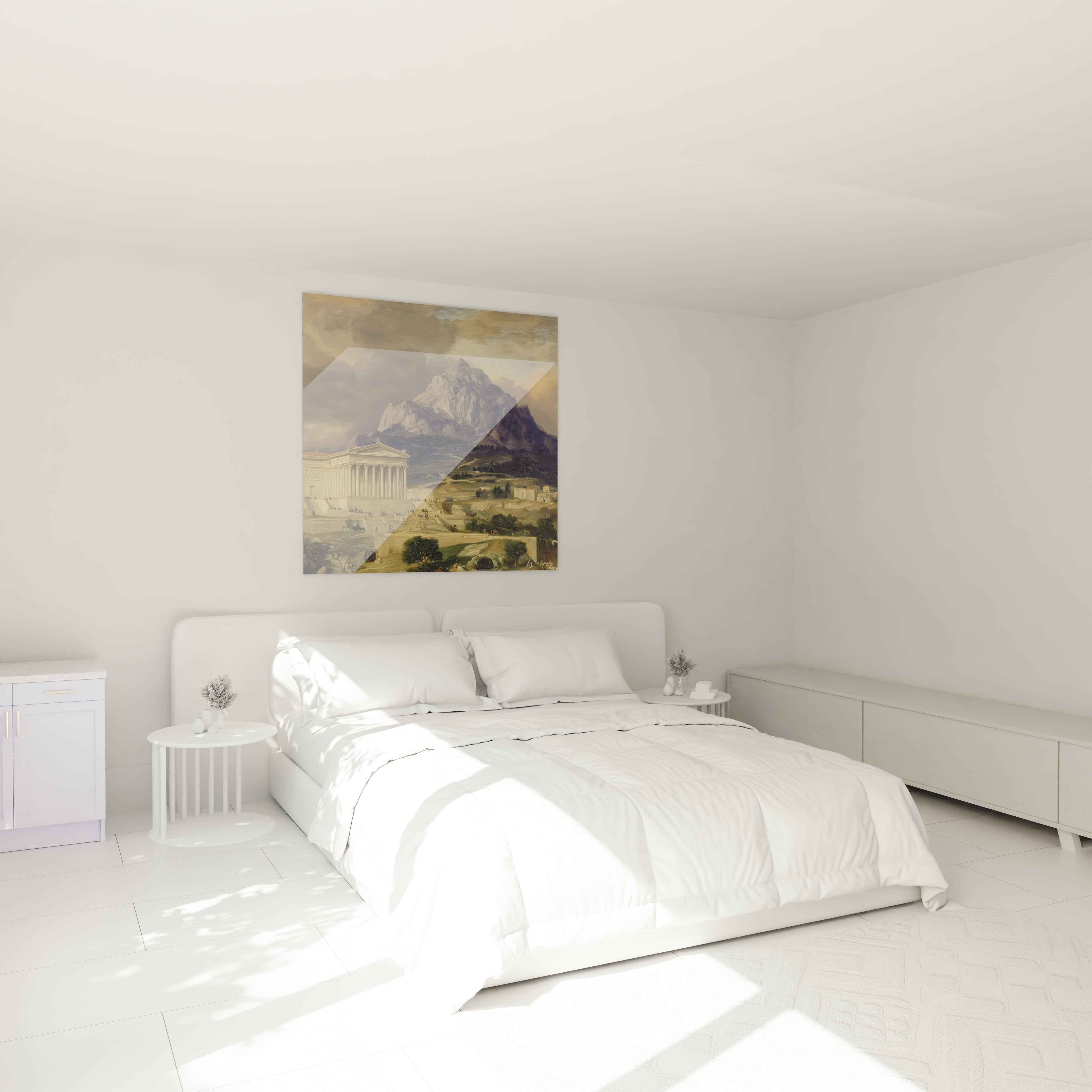 tableau temple antiquité néo classique Walensky dans chambre blanche minimaliste au dessus du lit