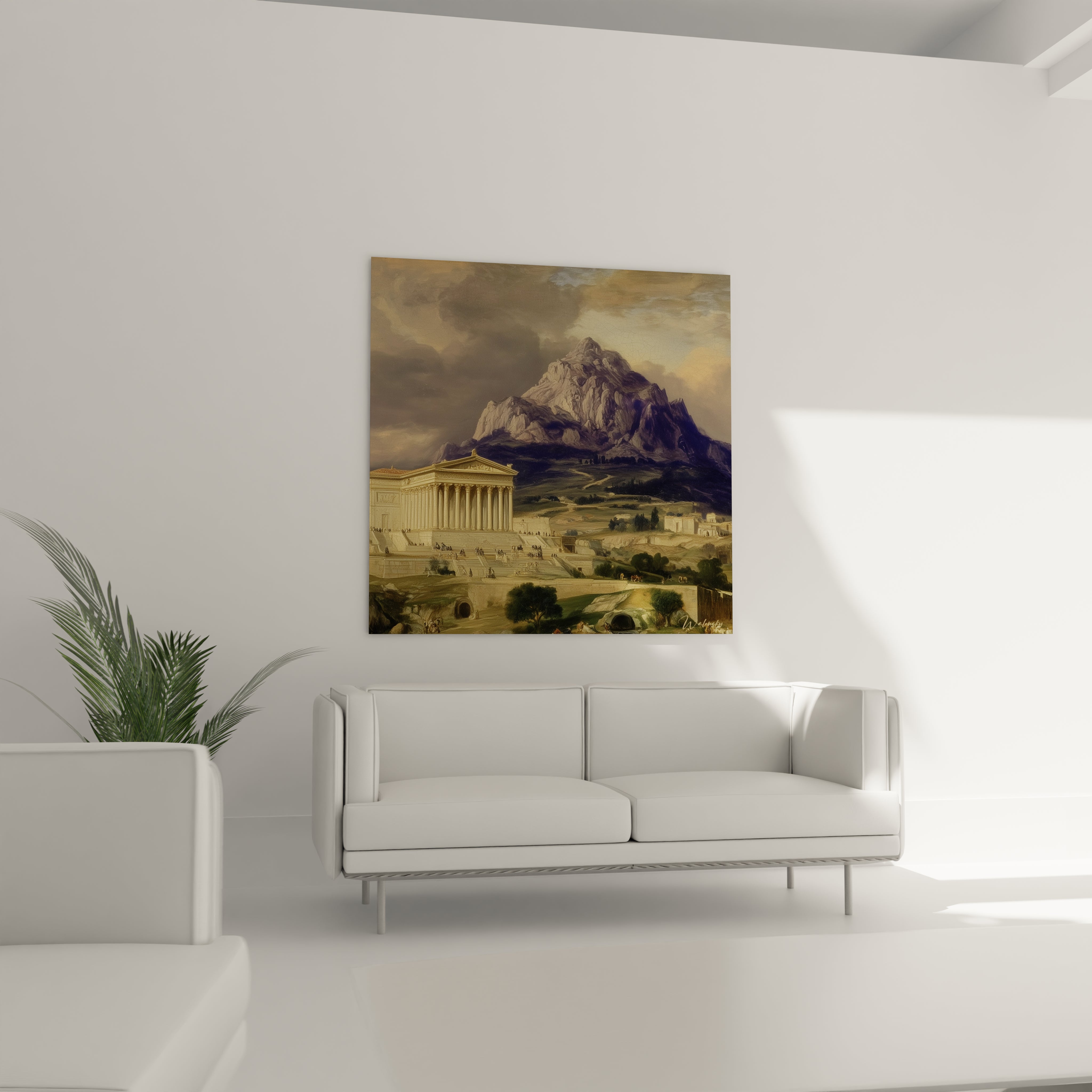 Tableau mural Walensky représentant un temple antique devant une montagne dramatique, tableau temple antiquité néo classique