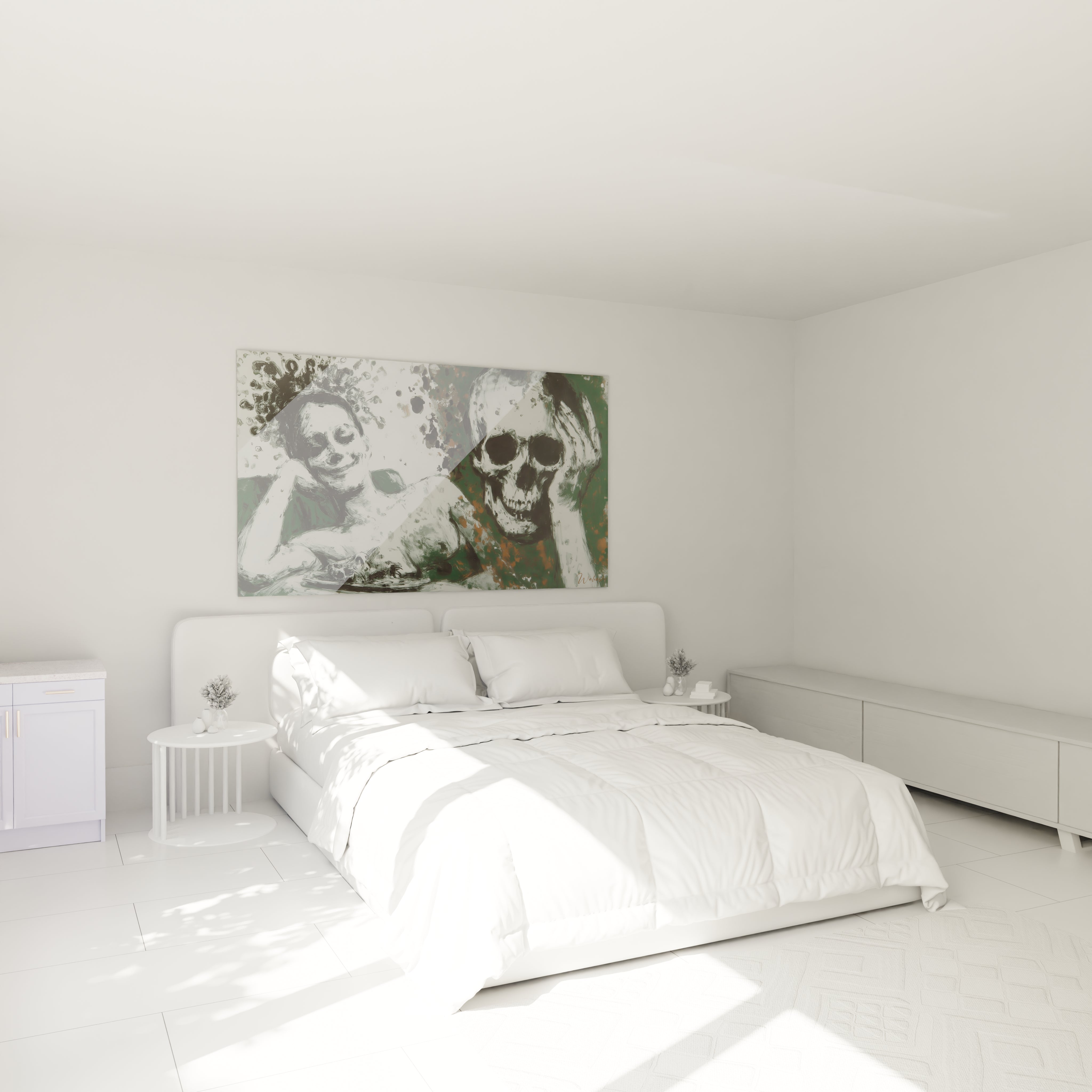 Tableau Walensky au dessus du lit dans chambre blanche minimaliste représentant un crâne et une figure, tableau vanité art mural