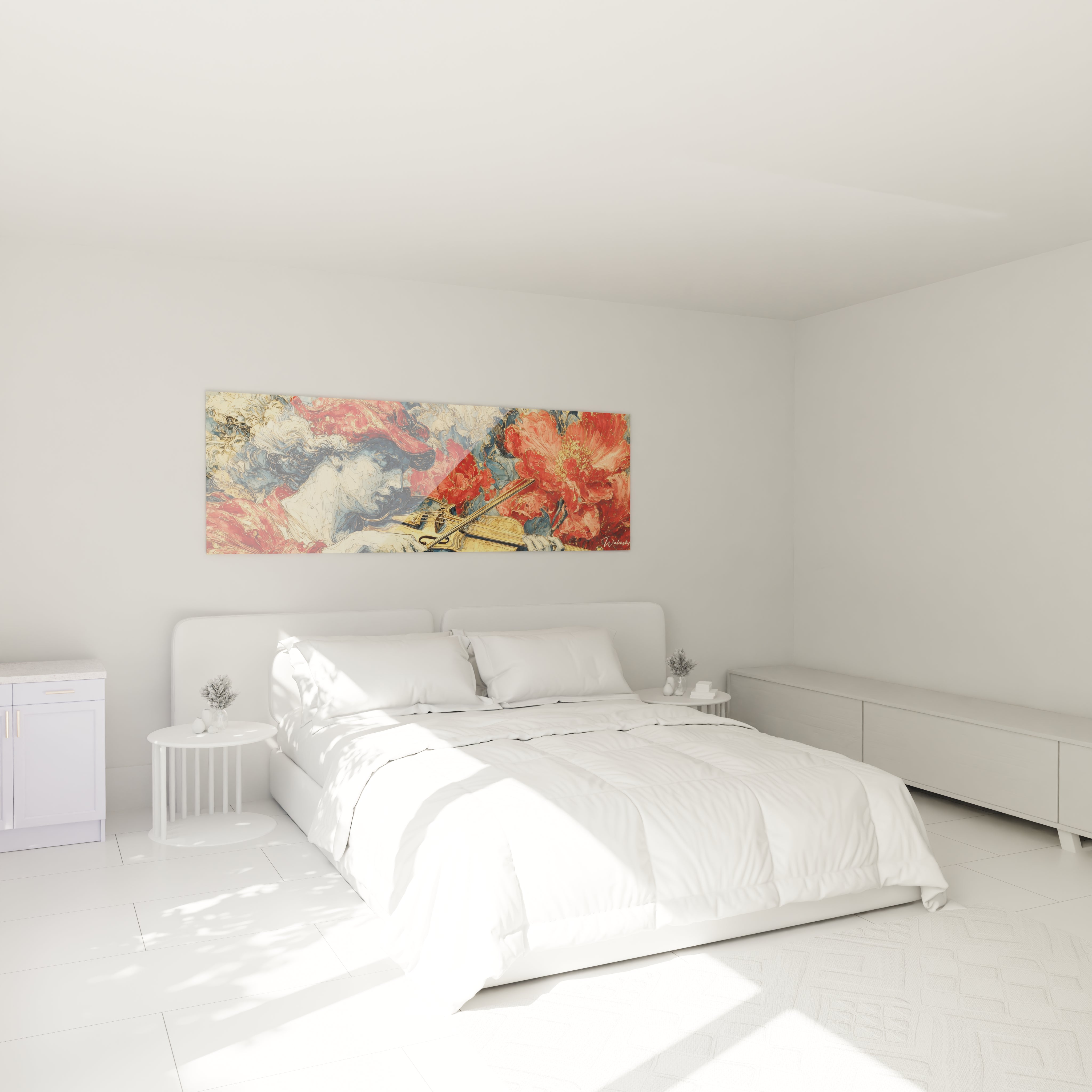 Tableau violon baroque Walensky sur panneau mural coloré au dessus d un lit double dans une chambre blanche minimaliste