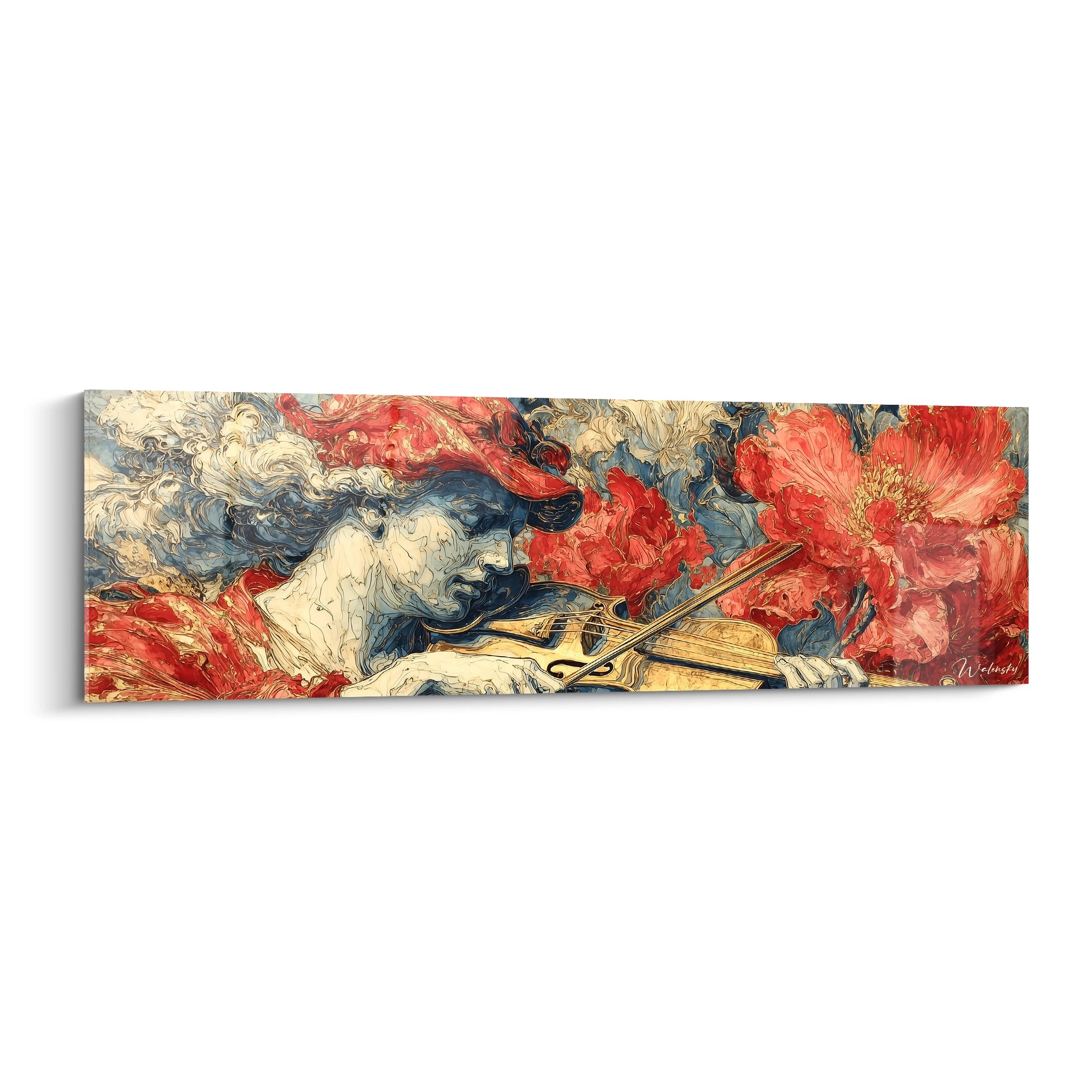 Tableau mural Walensky tableau violon baroque panoramique avec violoniste stylise et grandes fleurs rouges
