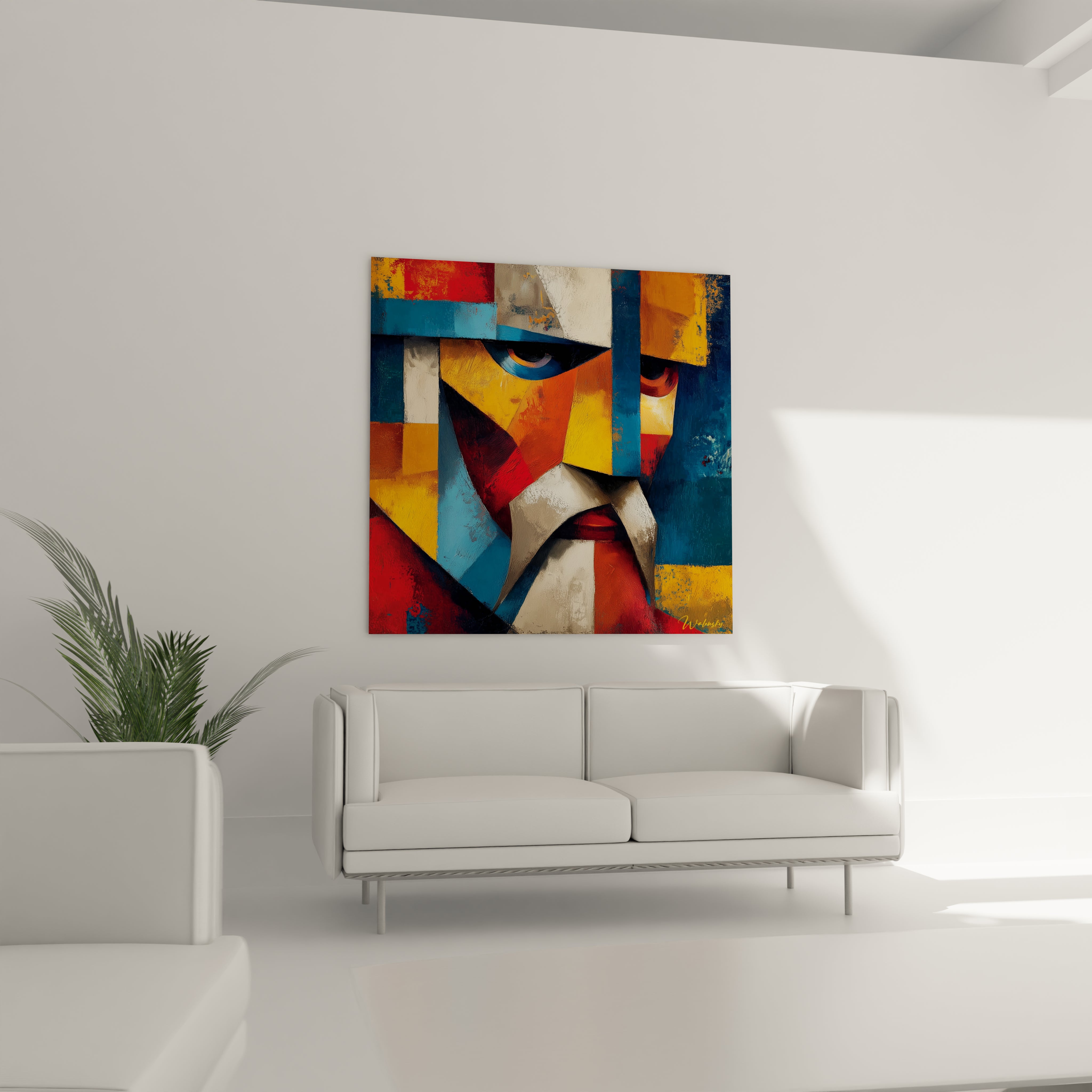 tableau visage abstrait cristaux Walensky coloré géométrique accroché au dessus du canapé moderne blanc