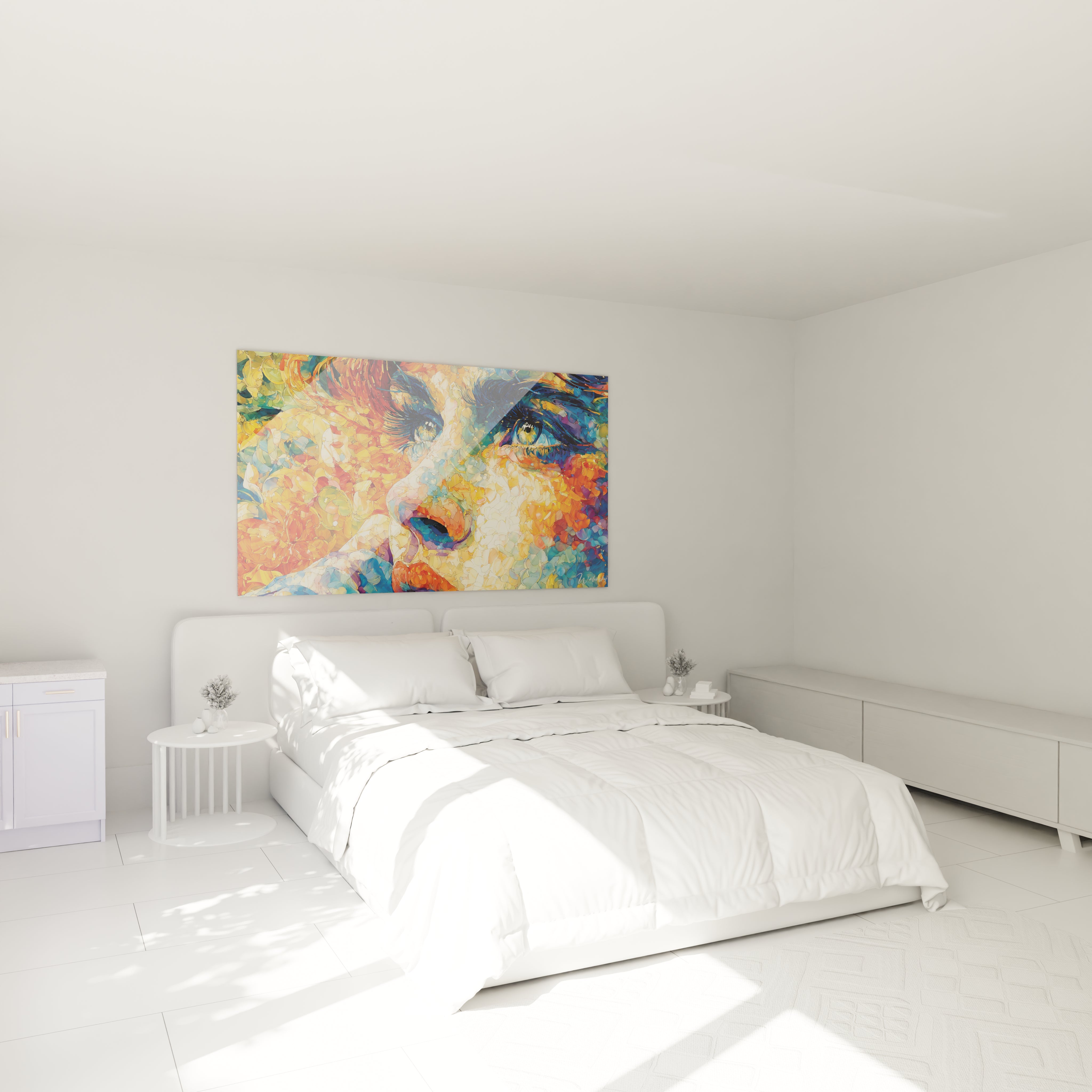 Tableau mural Walensky au dessus du lit dans chambre minimaliste toile noir et blanc option tableau visage féminin pointillisme
