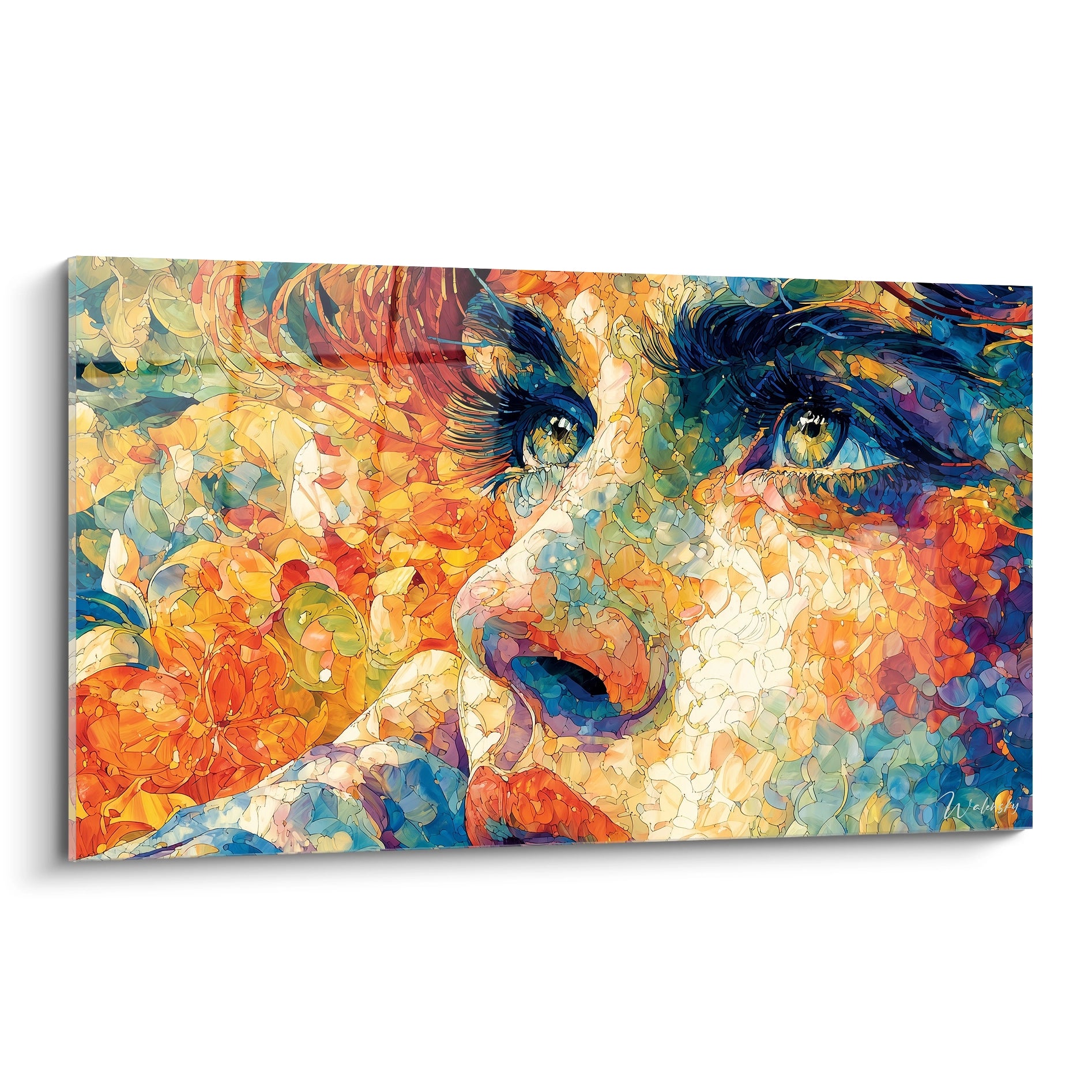 Tableau visage féminin pointillisme Walensky portrait coloré en gros plan aux tons chauds et bleus