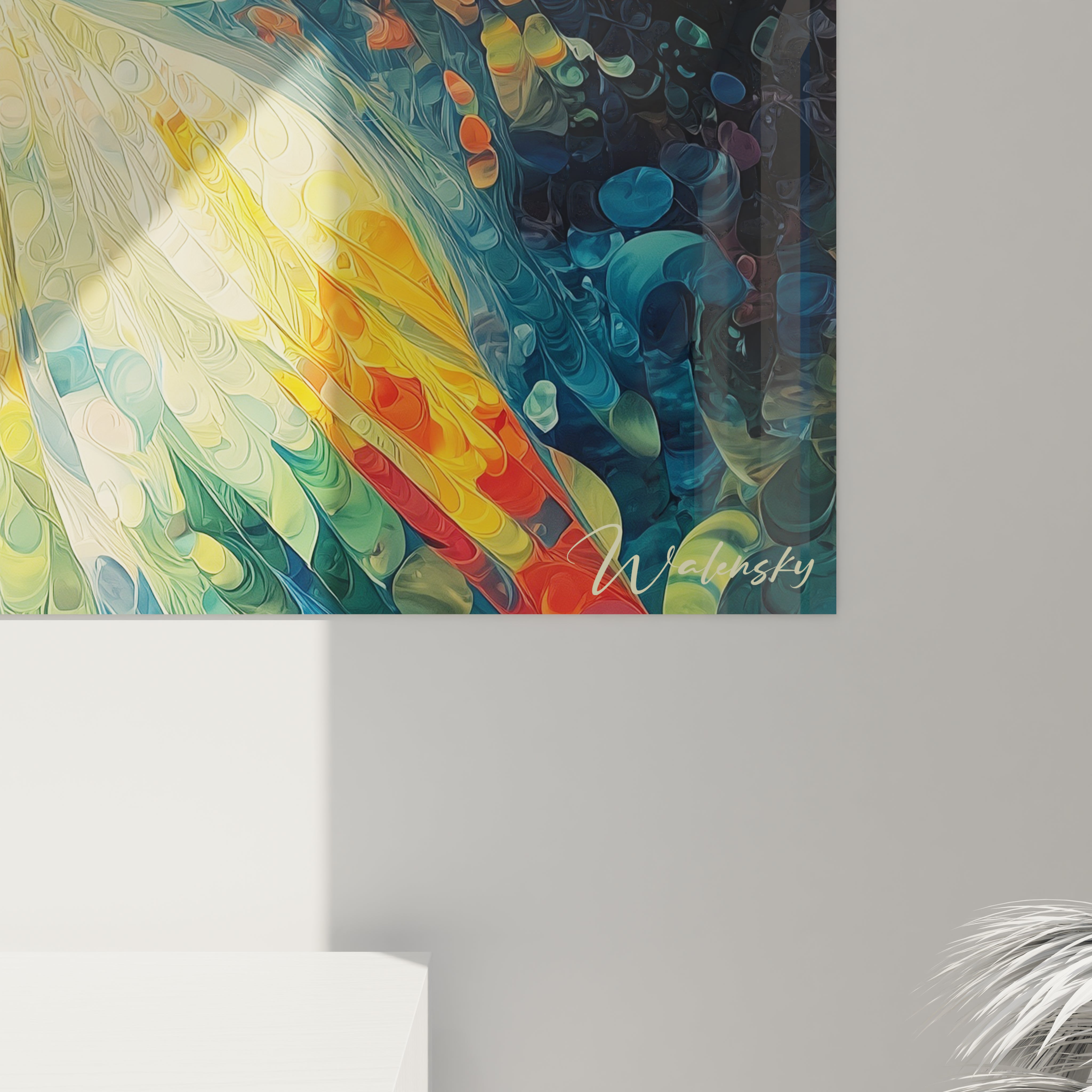 Tableau mural Walensky couleur abstraite avec signature, tableau visage femme contemporain aux teintes jaunes et bleues