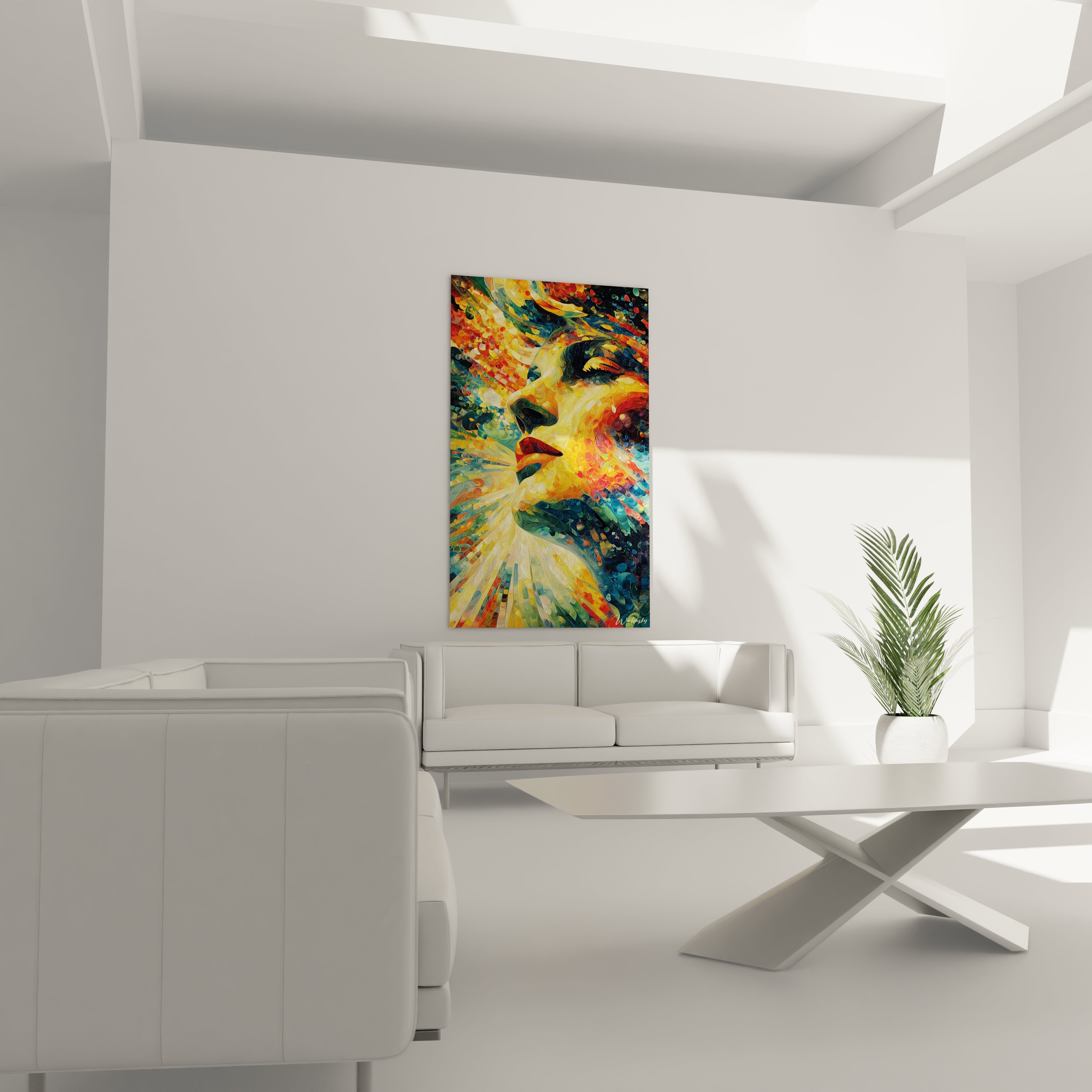 tableau visage femme contemporain Walensky portrait mural coloré abstrait accroché au dessus du canapé dans un salon minimaliste