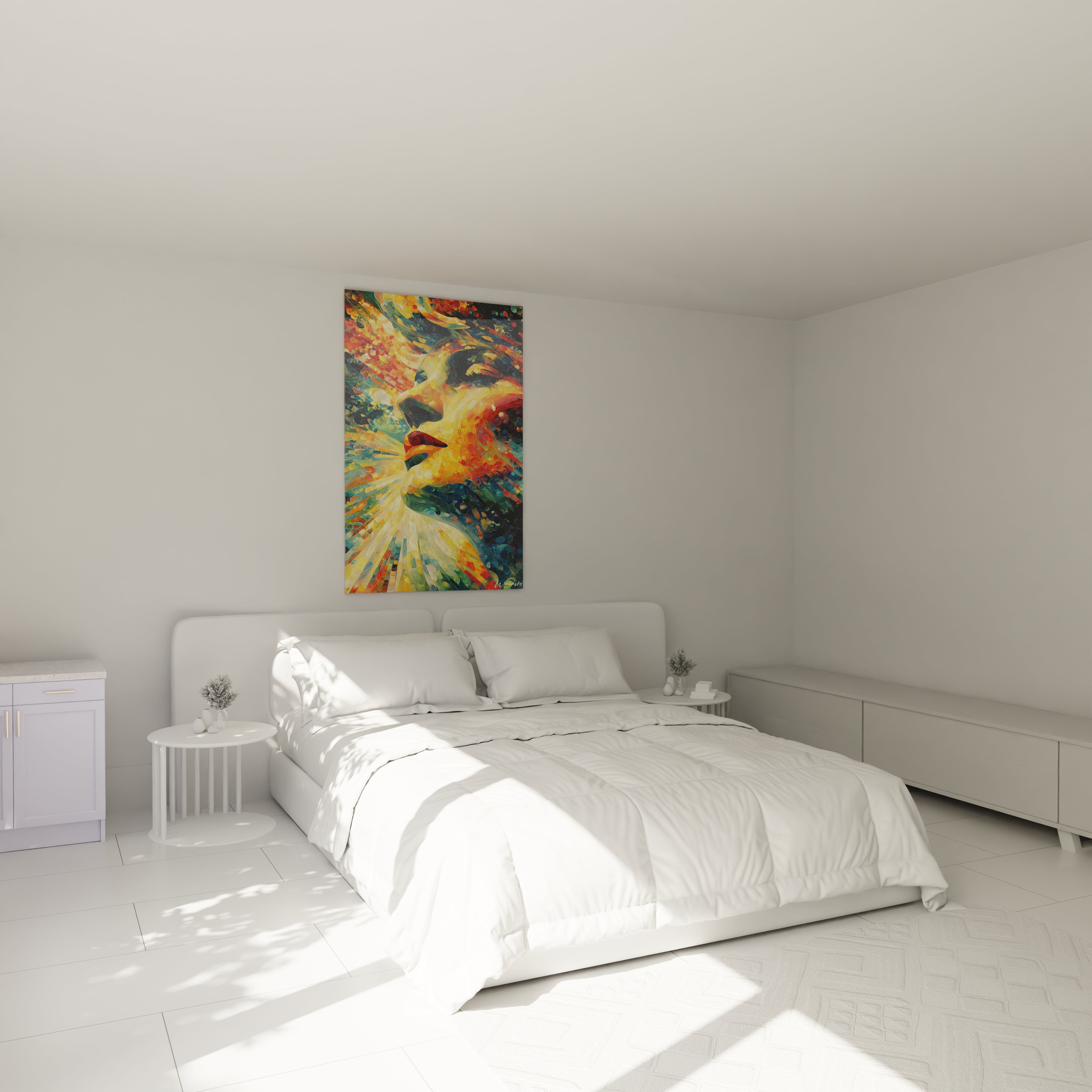 tableau visage femme contemporain Walensky coloré au dessus d un lit blanc minimaliste dans une chambre lumineuse