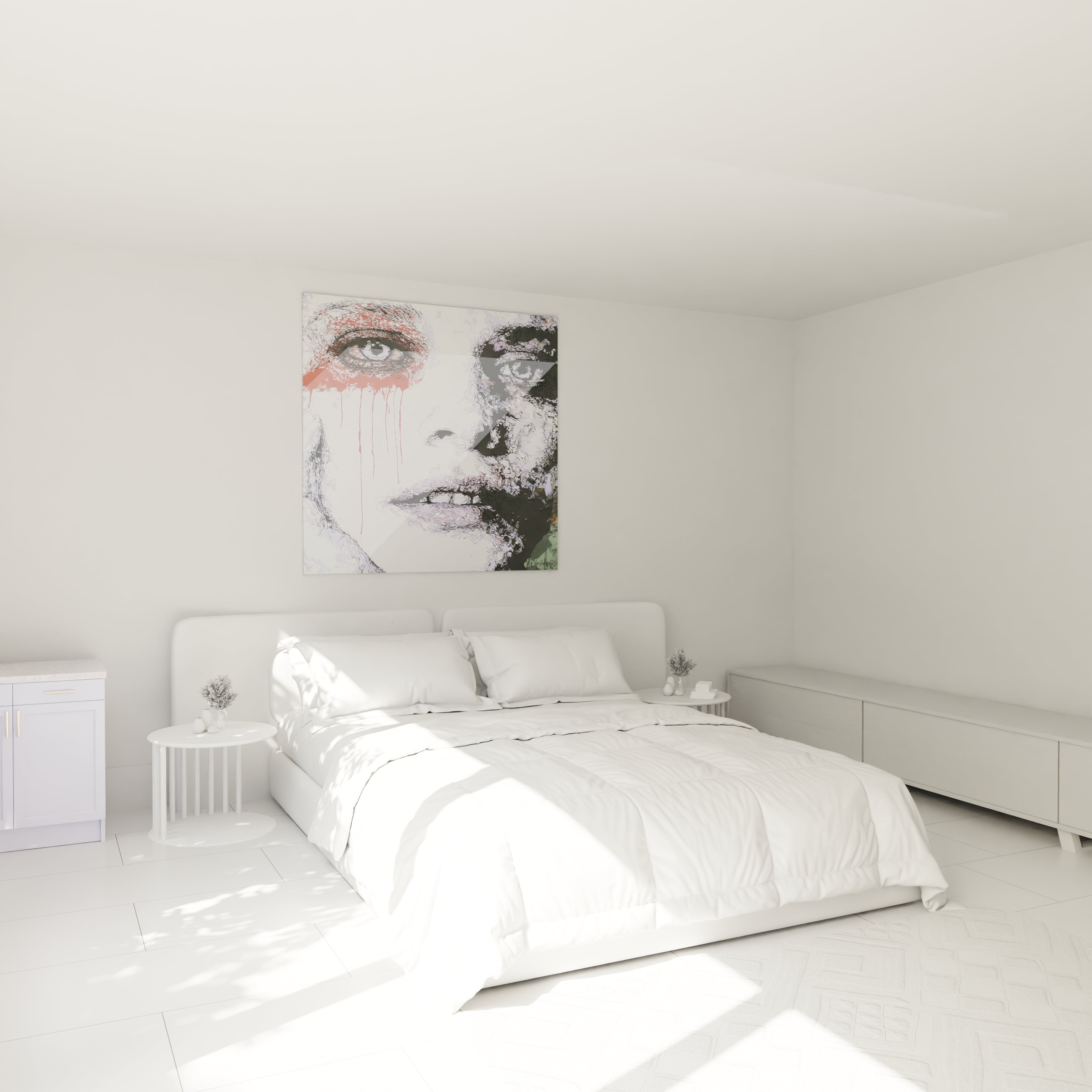Tableau mural Walensky représentant un grand visage abstrait accroché au dessus d un lit blanc tableau visage masque brisé