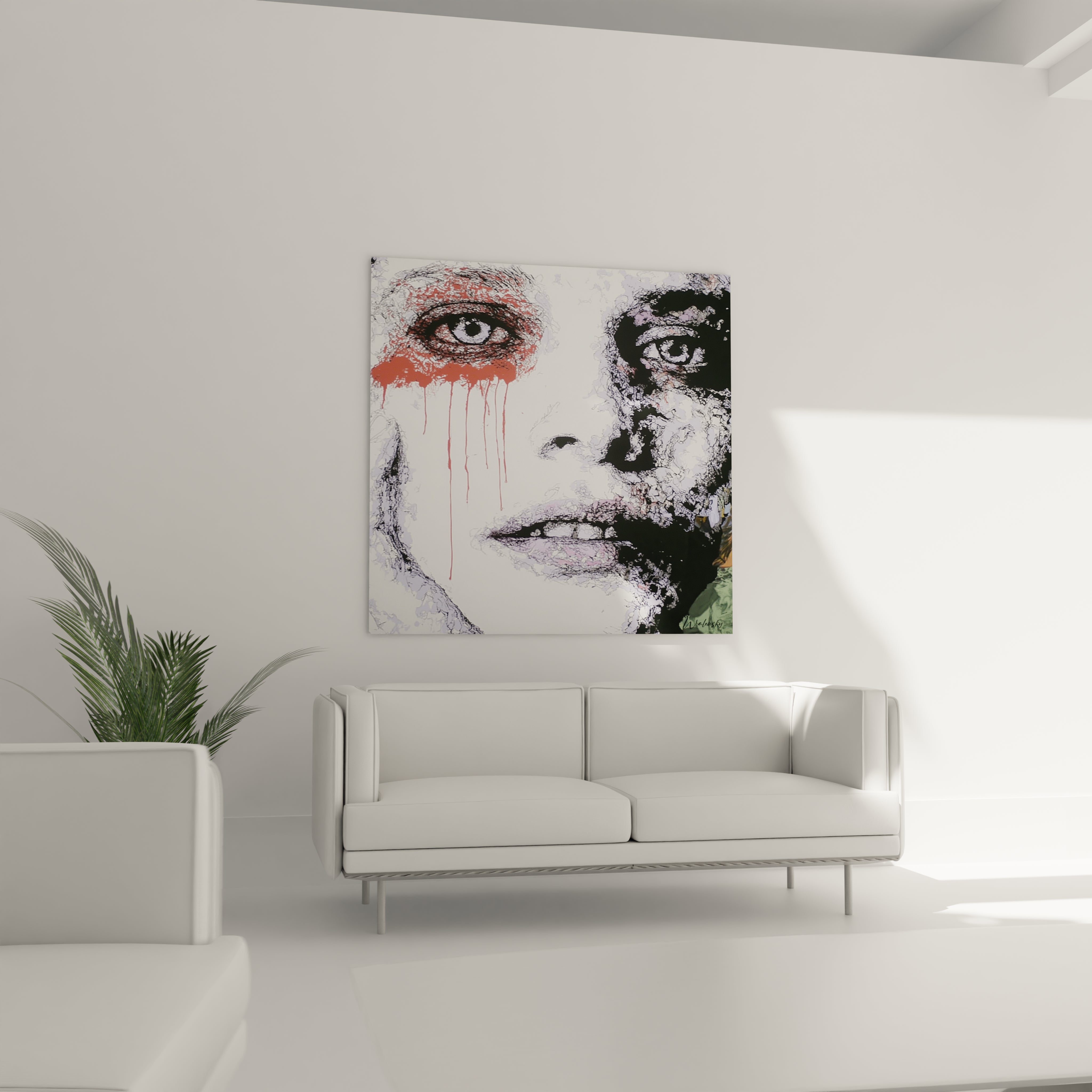 Walensky tableau visage masque brisé portrait artistique taches noires peinture rouge au dessus d un canapé blanc