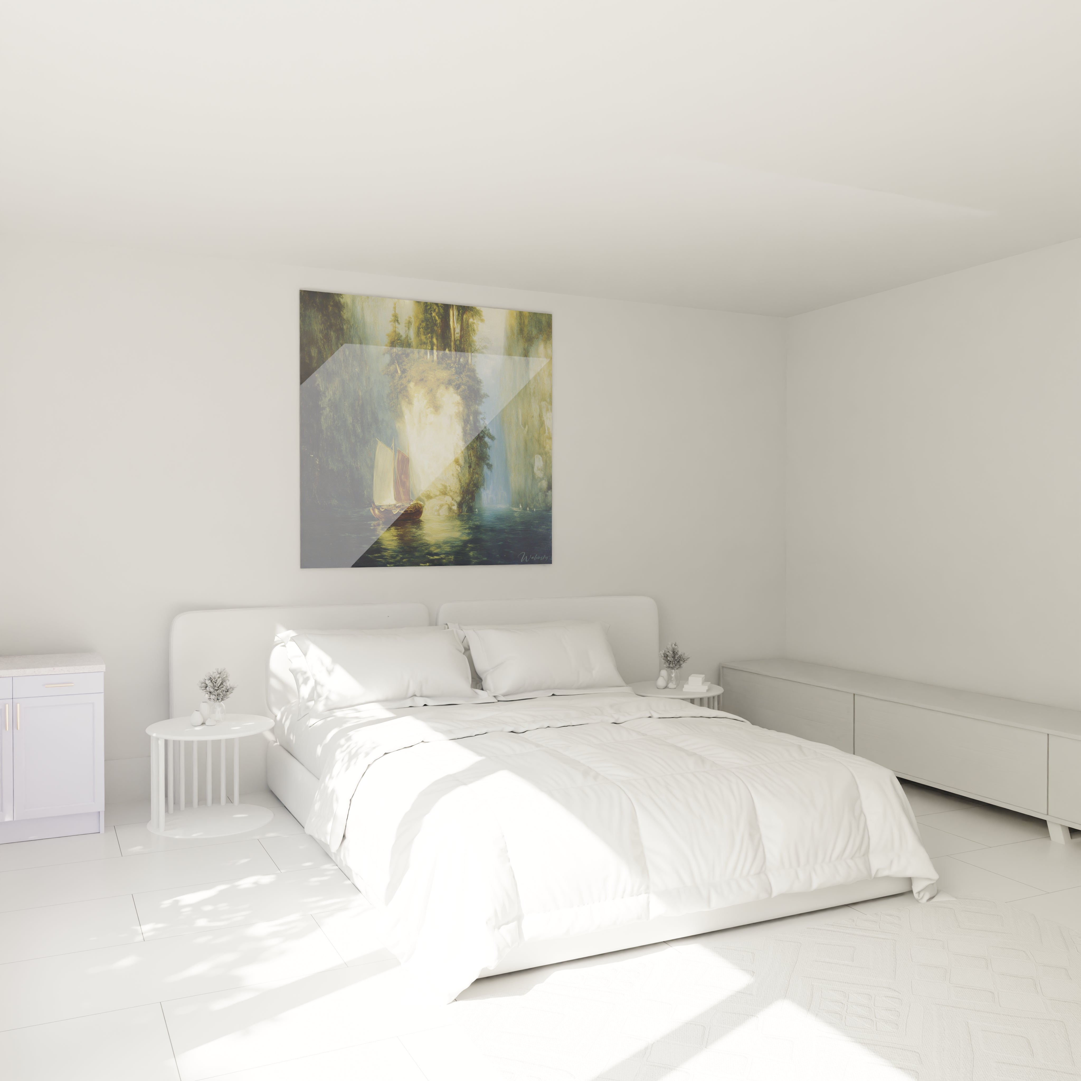 Walensky tableau voilier romantisme accroché au dessus d un lit blanc dans une chambre minimaliste lumineuse