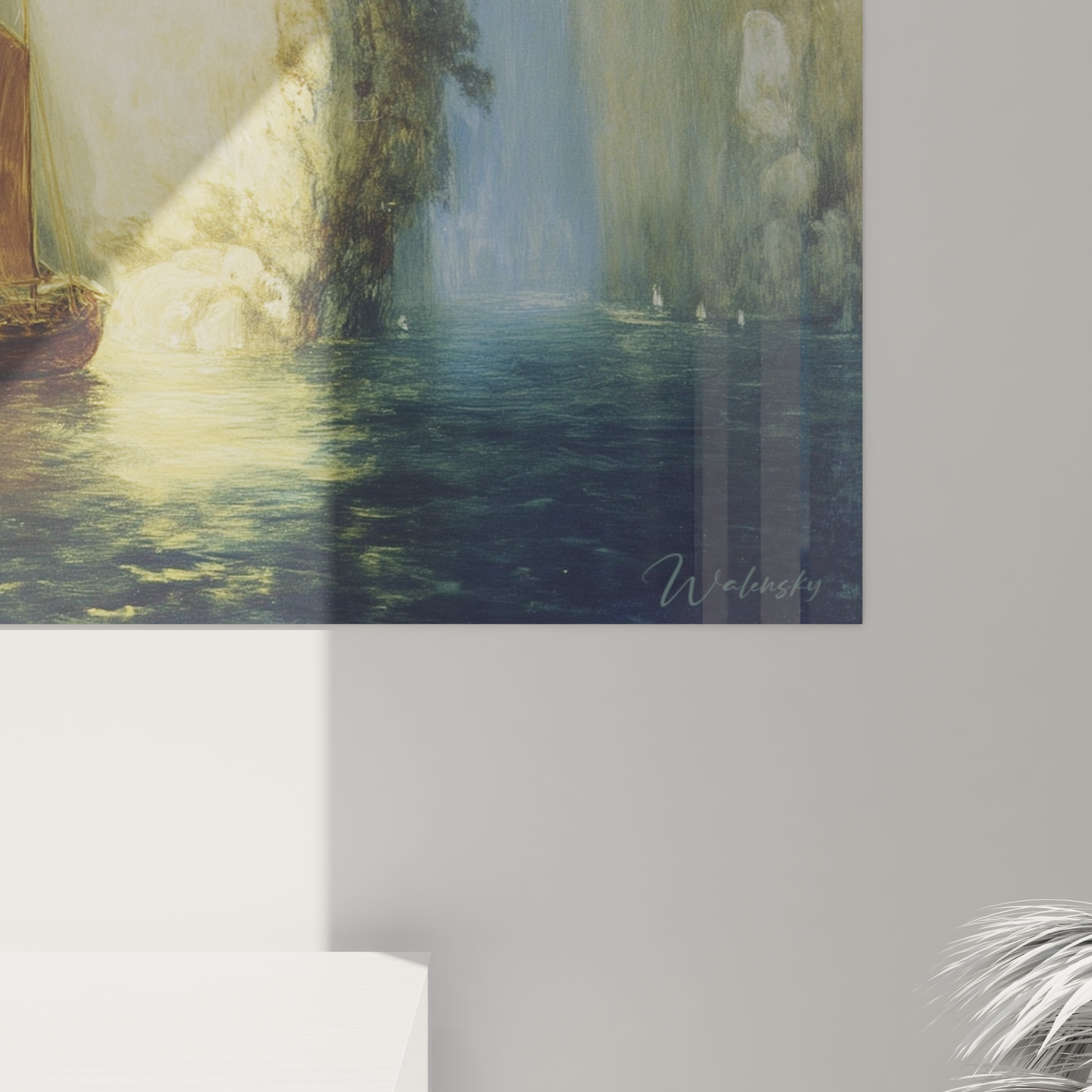 Walensky tableau voilier romantisme peinture murale voilier au soleil près de falaises pour décor salon