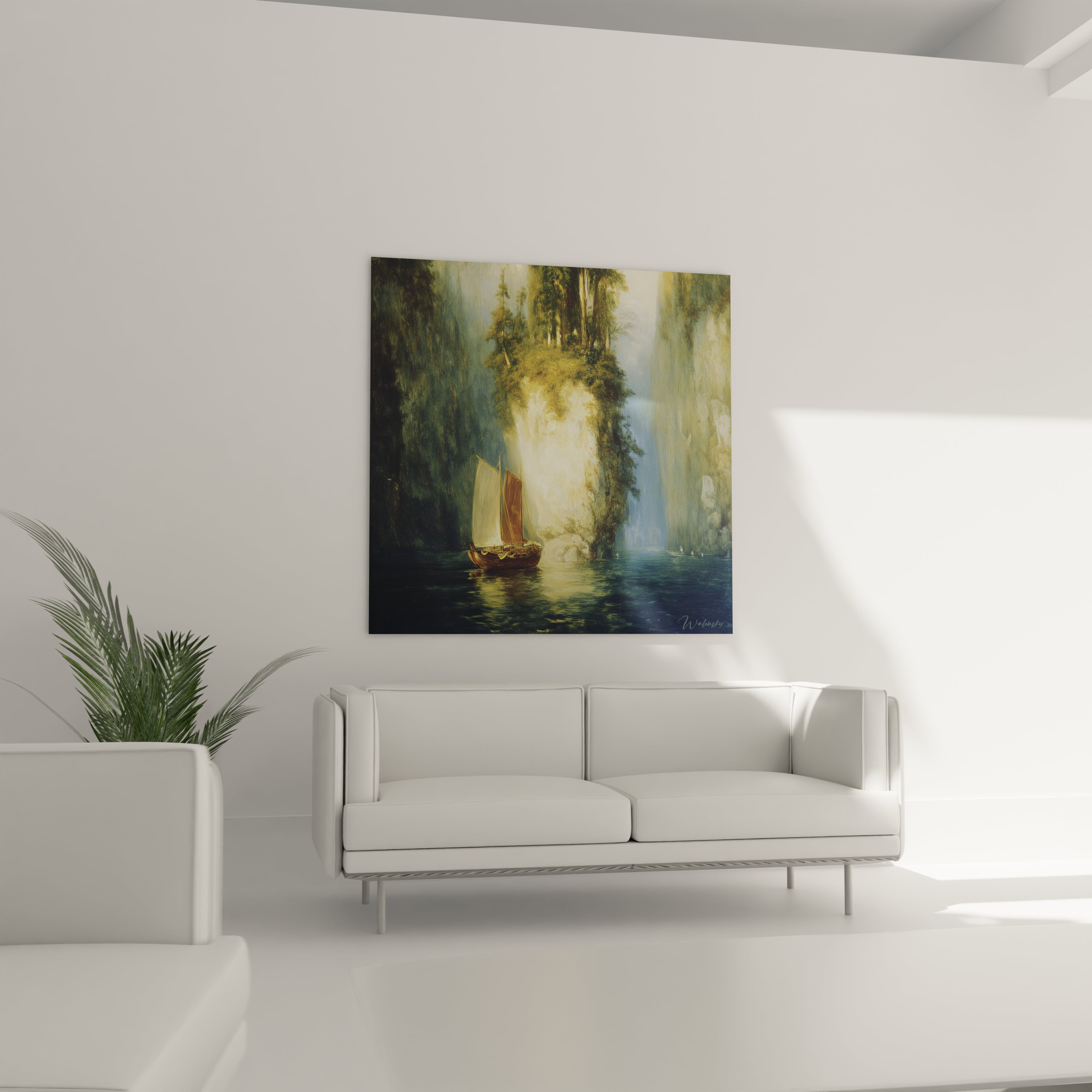 tableau voilier romantisme Walensky tableau mural peinture montrant un voilier dans une anse lumineuse et romantique