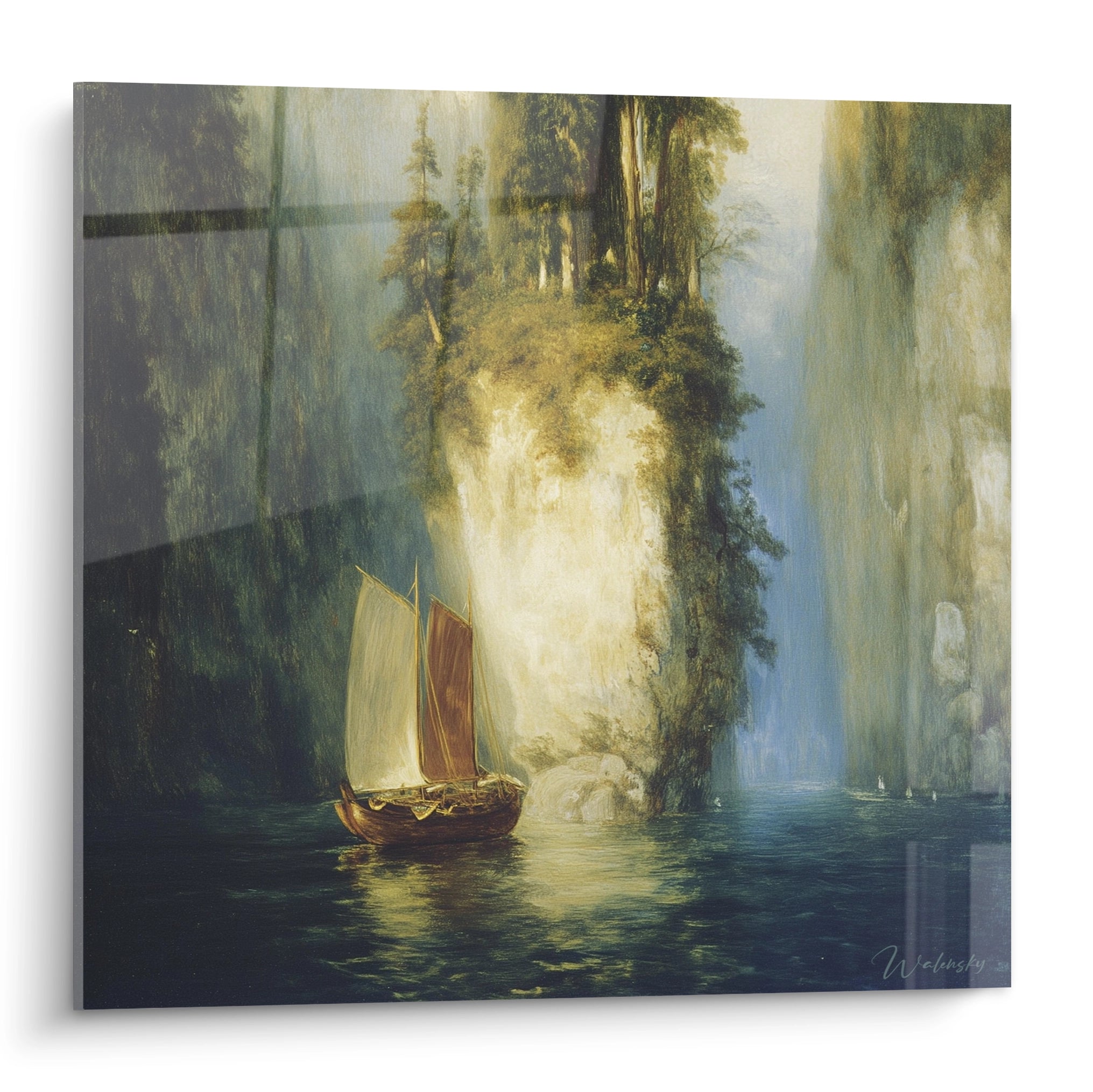 Tableau mural Walensky montrant un bateau à voiles devant falaises verdoyantes et cascade brumeuse tableau voilier romantisme