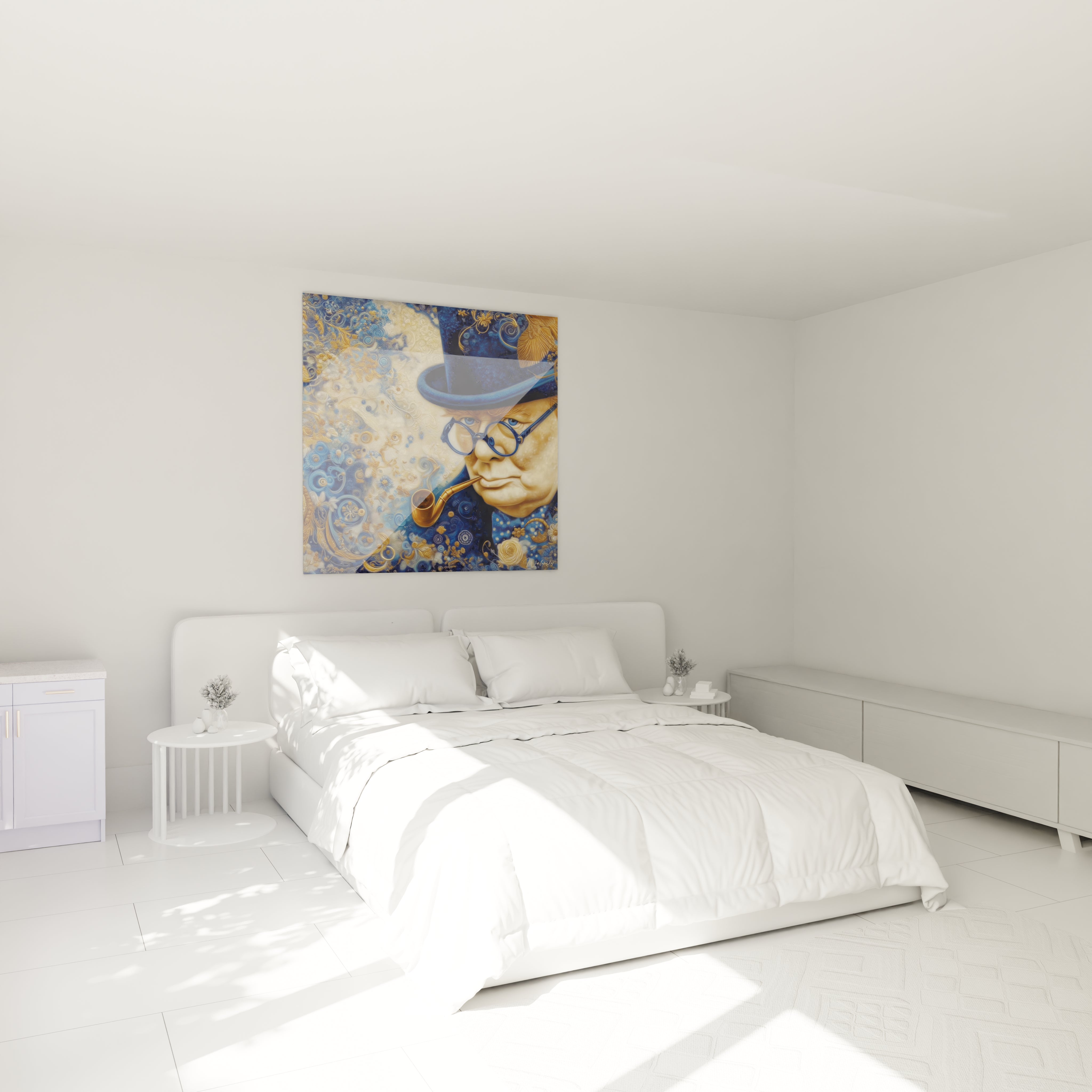 tableau Winston Churchill décoration Walensky portrait stylisé sur toile bleue et or accroché au dessus du lit blanc moderne
