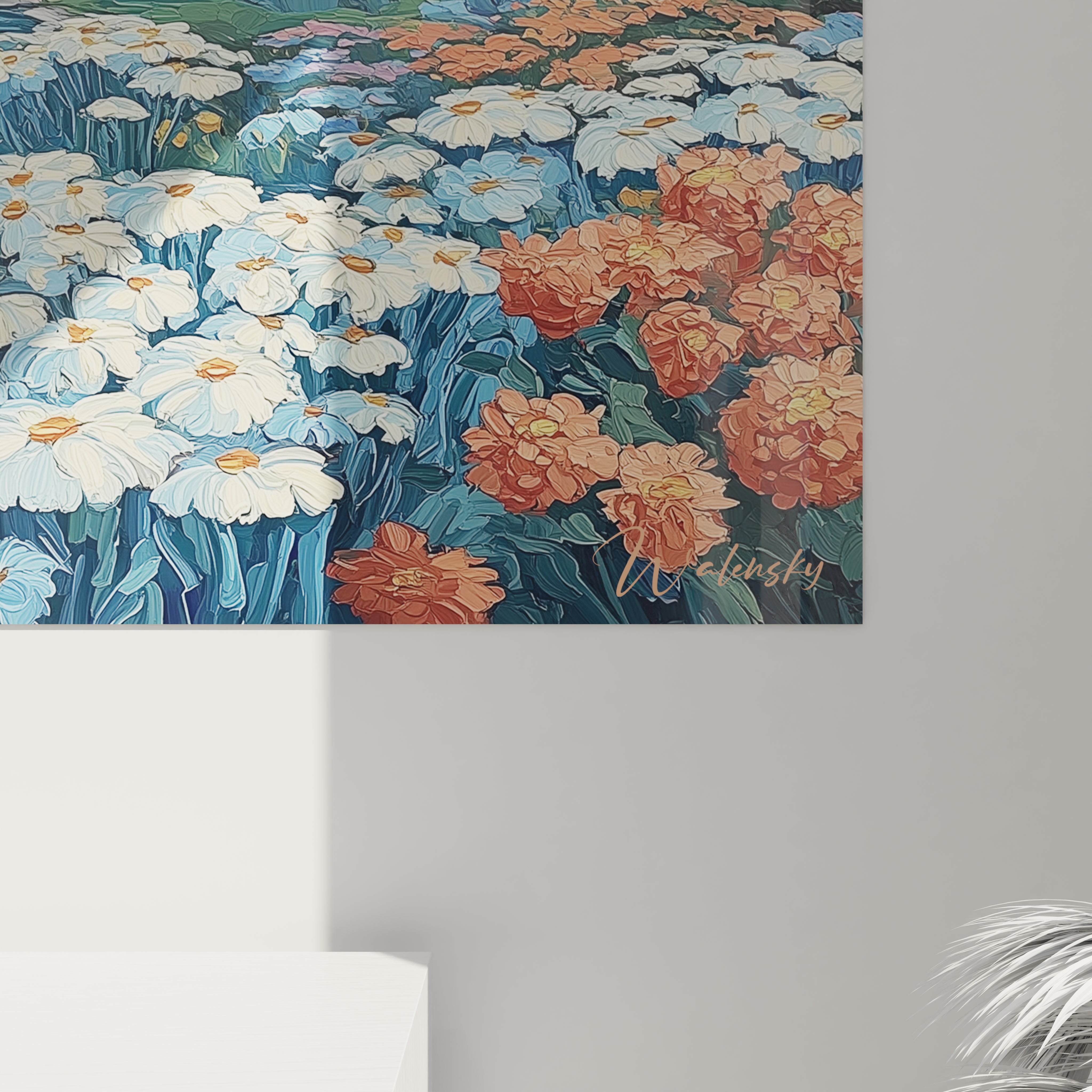 Walensky tableau paysage été mural de fleurs blanches et orangées style peinture champ floral moderne