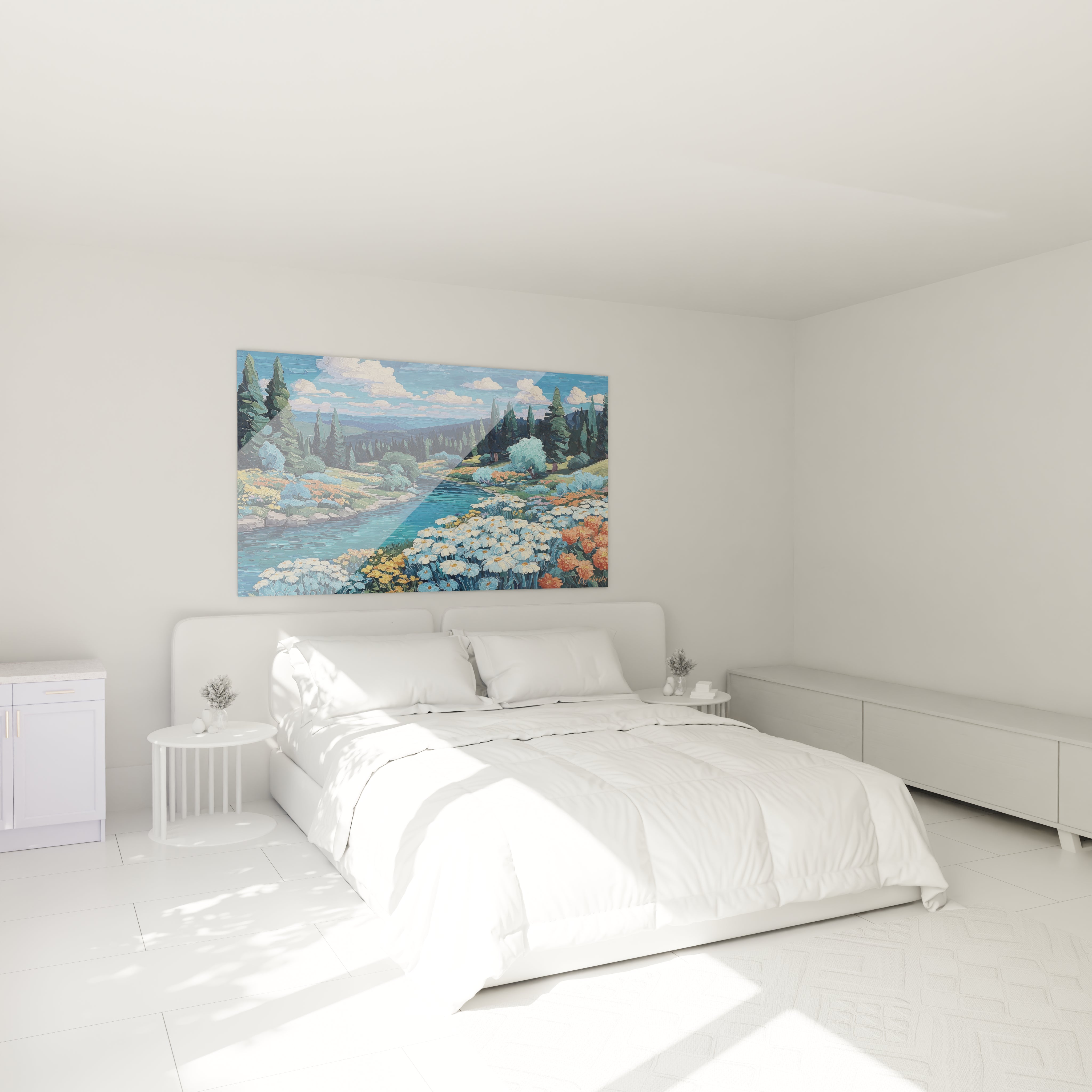 tableau paysage été Walensky tableau mural abstrait coloré au-dessus d'un lit blanc dans une chambre minimaliste