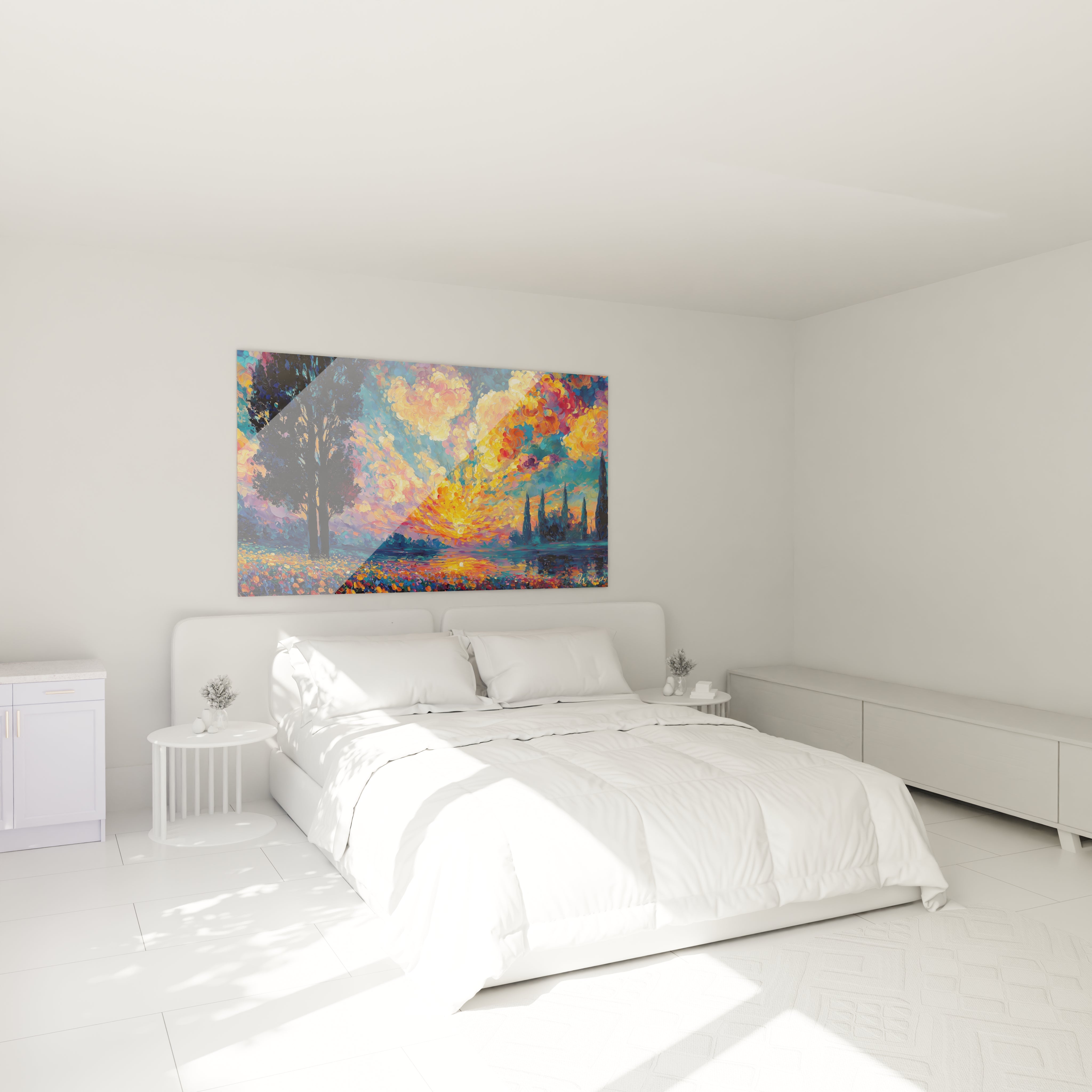 Tableau mural Walensky au dessus d un lit blanc, art abstrait aux tons chauds et or, tableau paysage pointillisme doré