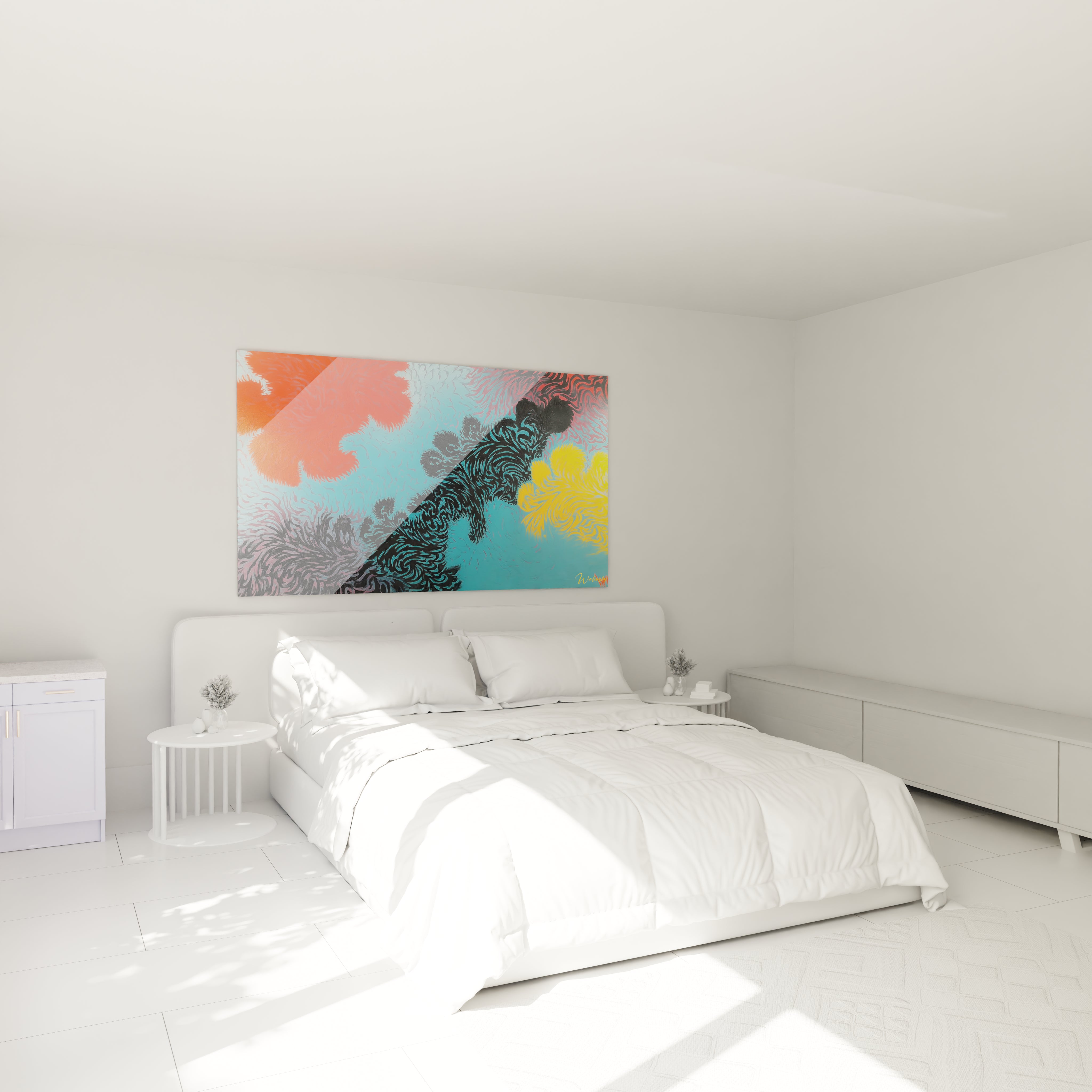 Walensky tableau op art abstrait coloré grand format au dessus d'un lit double dans chambre blanche minimaliste