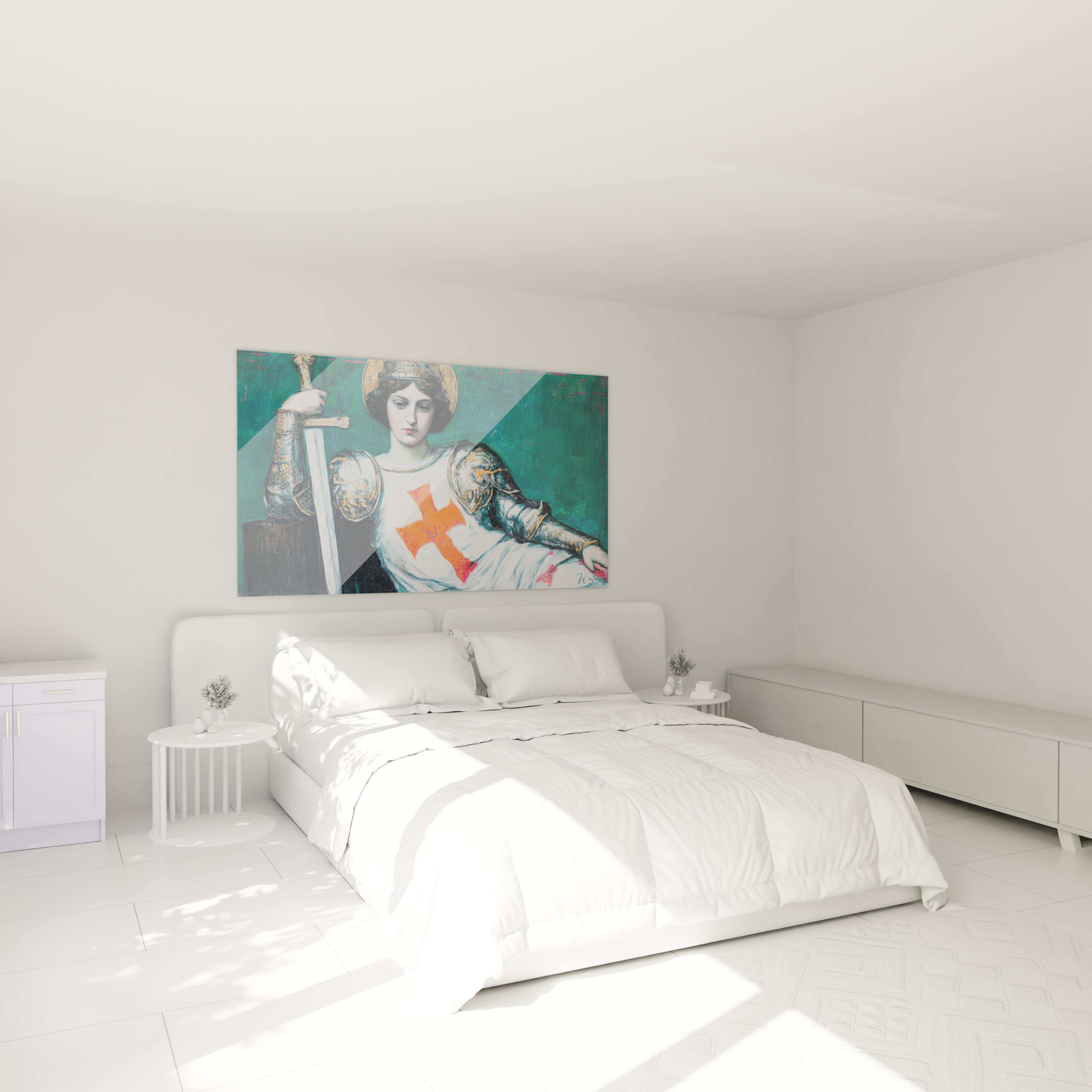 Tableau mural Walensky montrant tableau guerrière préraphaélite accroché au dessus d un lit dans une chambre blanche
