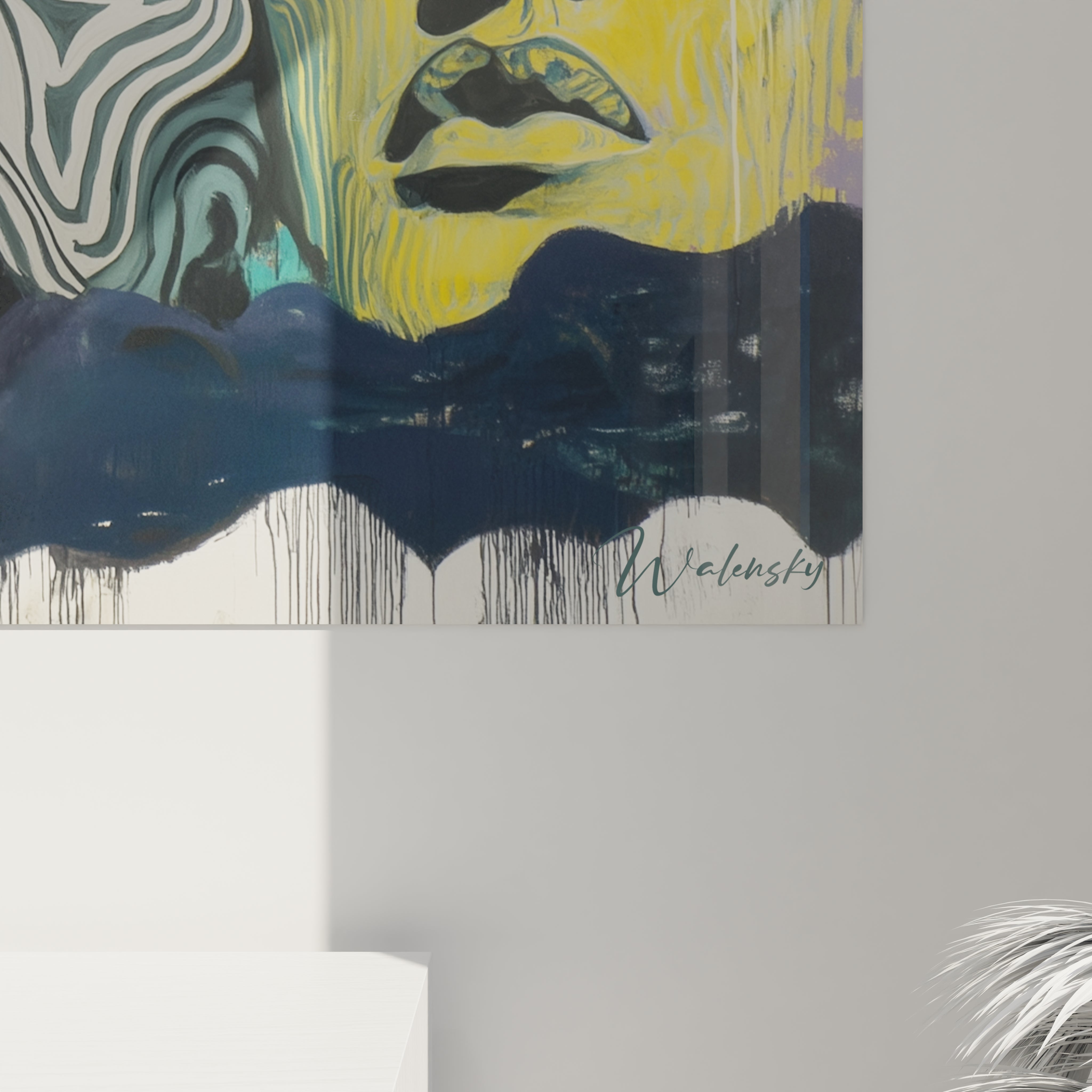 tableau art contemporain visages Walensky peinture murale stylisee visage jaune et motifs verts avec coulures et signature