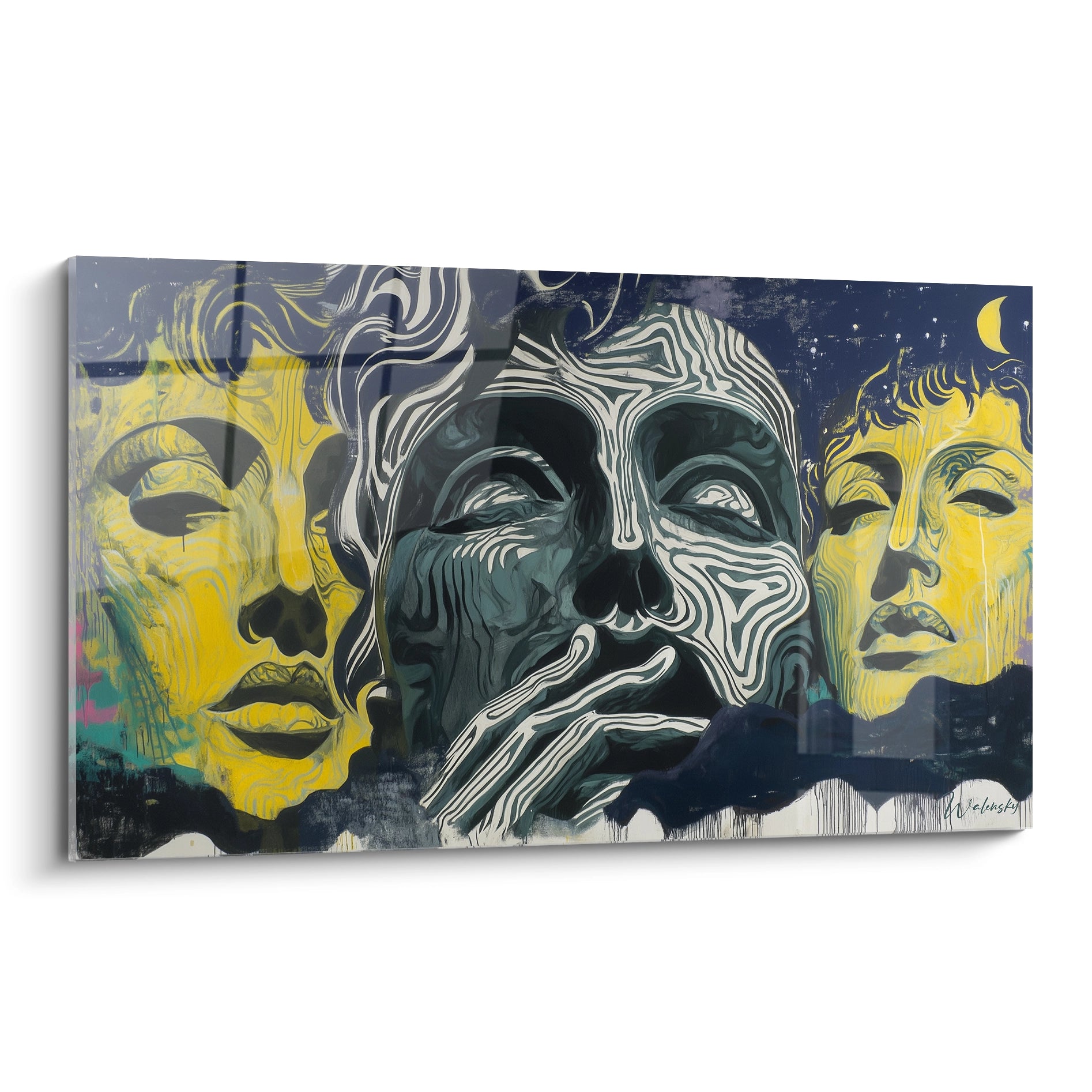 Tableau mural Walensky tableau art contemporain visages trois portraits stylisés lignes blanches tons jaune et bleu nuit