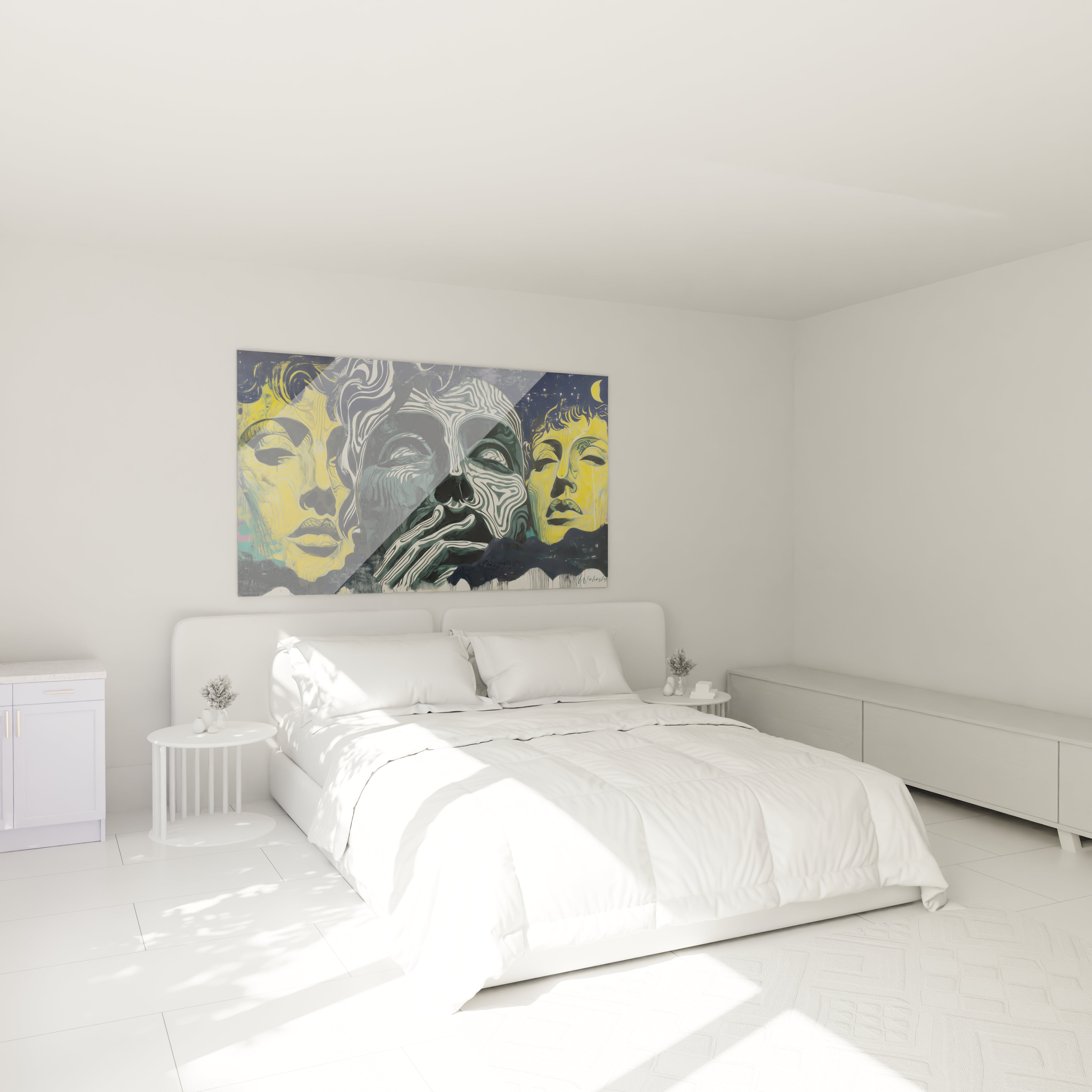 Tableau mural Walensky tableau art contemporain visages stylises jaune et bleu au dessus d un lit blanc