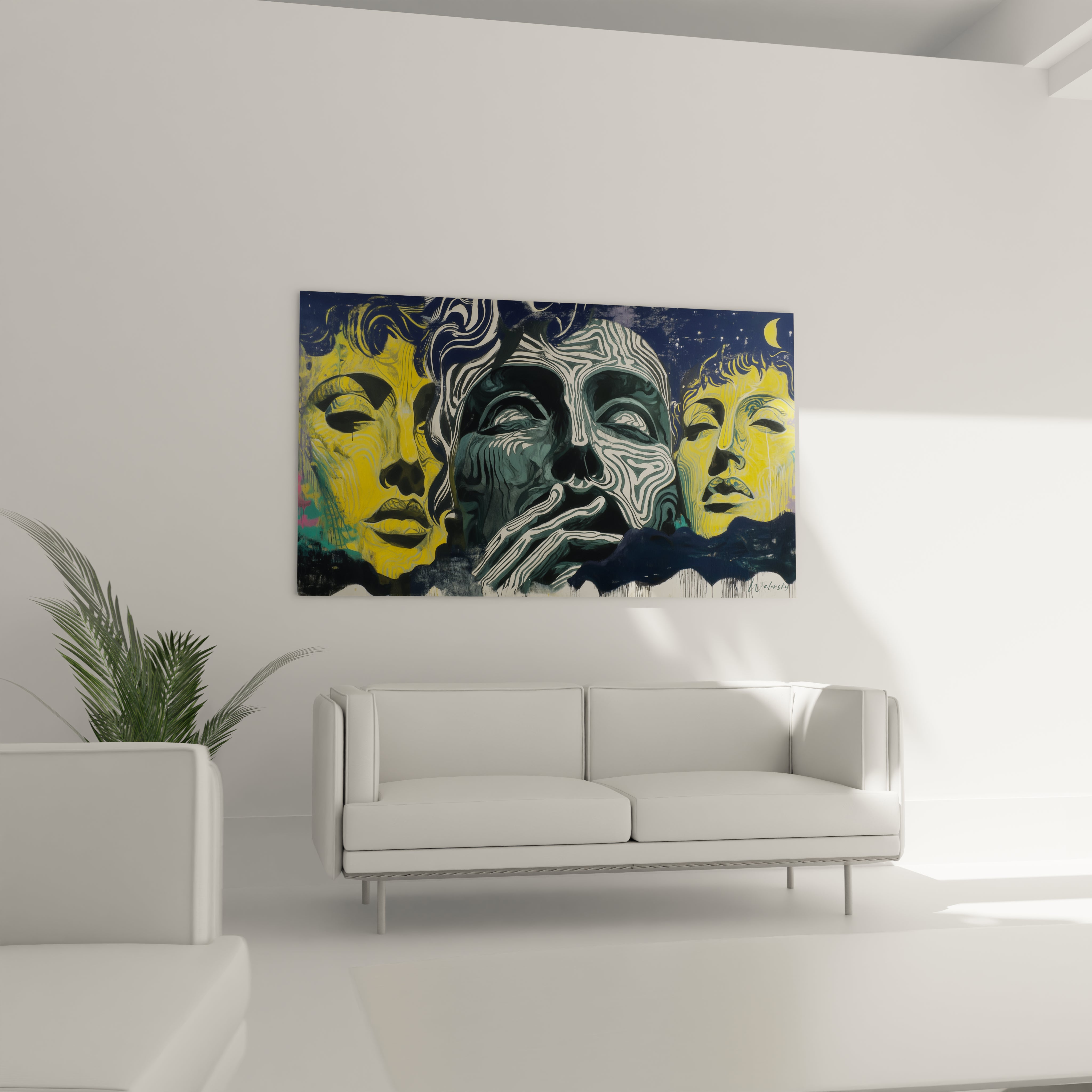 Tableau Walensky art mural abstrait trois visages stylisés bleu et jaune dans salon minimaliste tableau art contemporain visages
