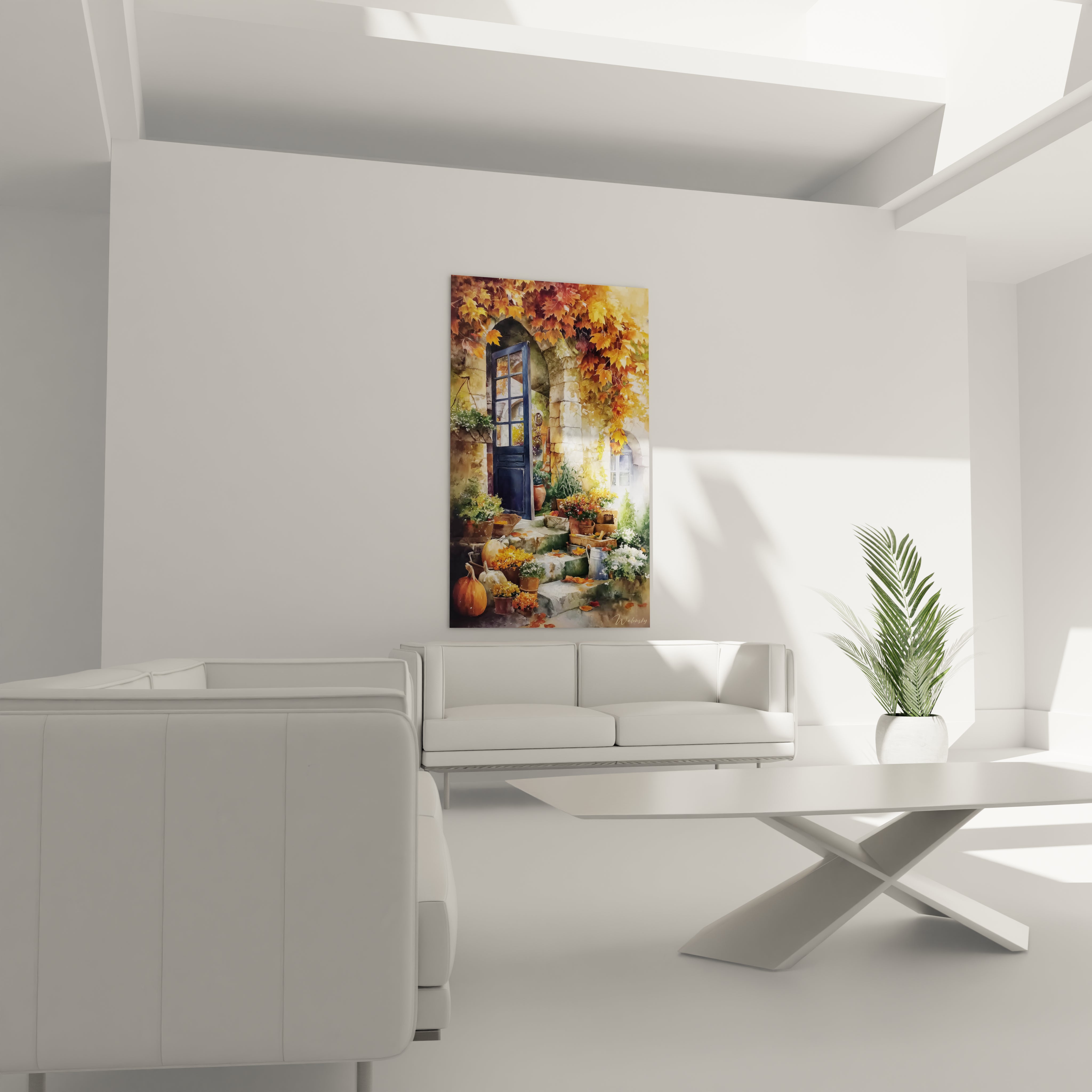 Tableau mural Walensky montrant porte marches citrouilles et feuilles d automne dans salon blanc tableau automne maison chaleureuse