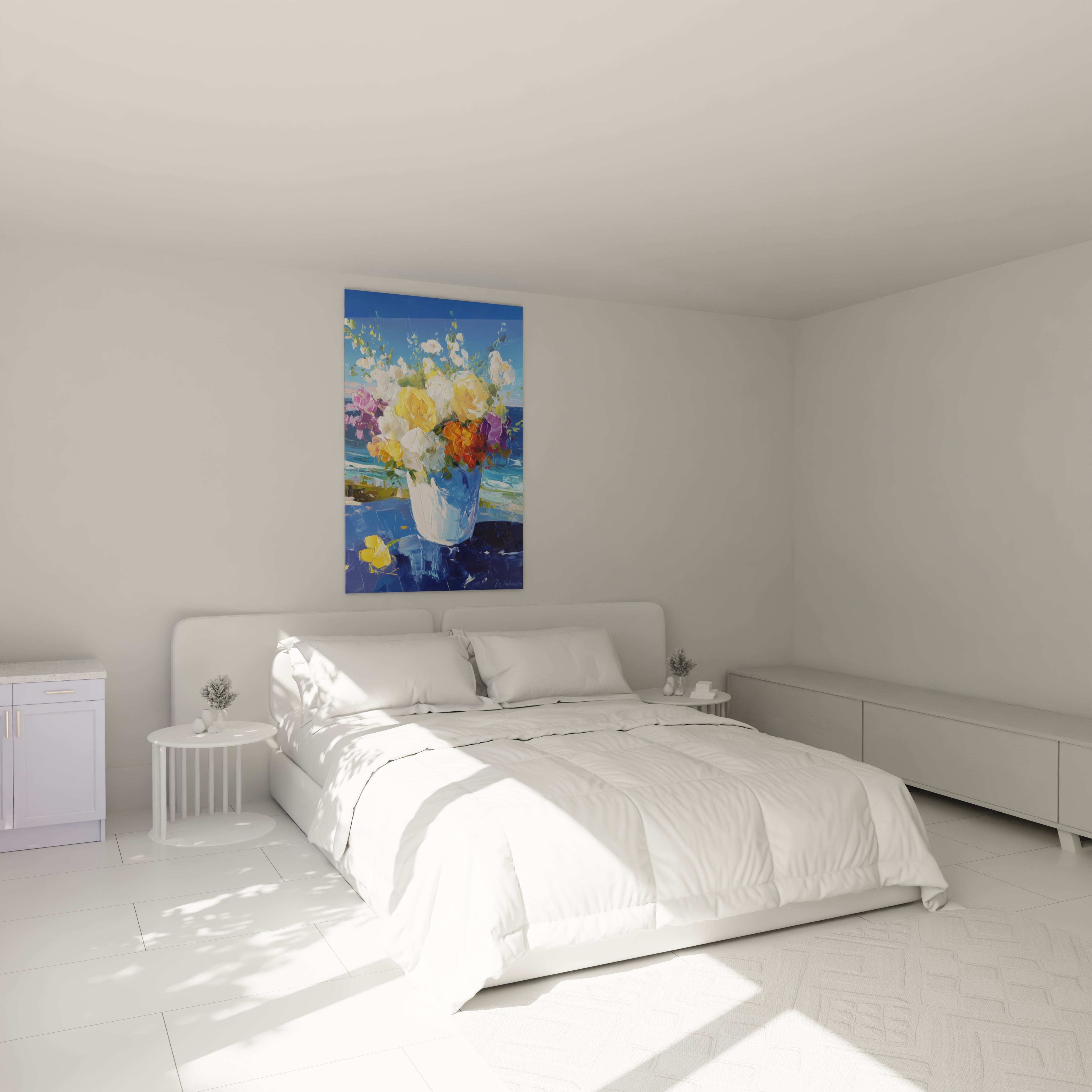 Walensky tableau bouquet floral impressionniste accroché au dessus d un lit blanc minimaliste dans une chambre lumineuse