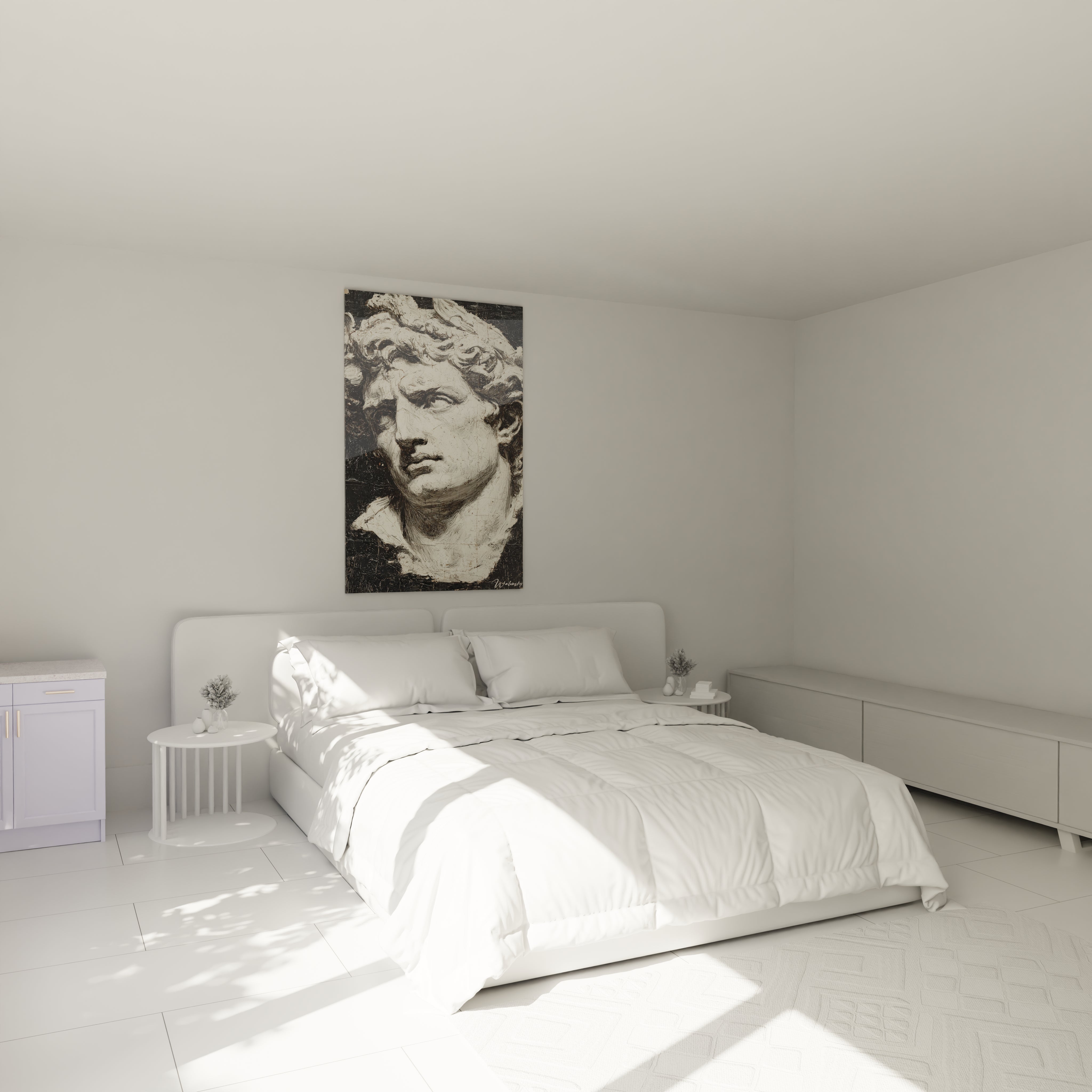 Tableau mural Walensky dans chambre minimaliste avec tableau buste marbre Alexandre le Grand au dessus du lit