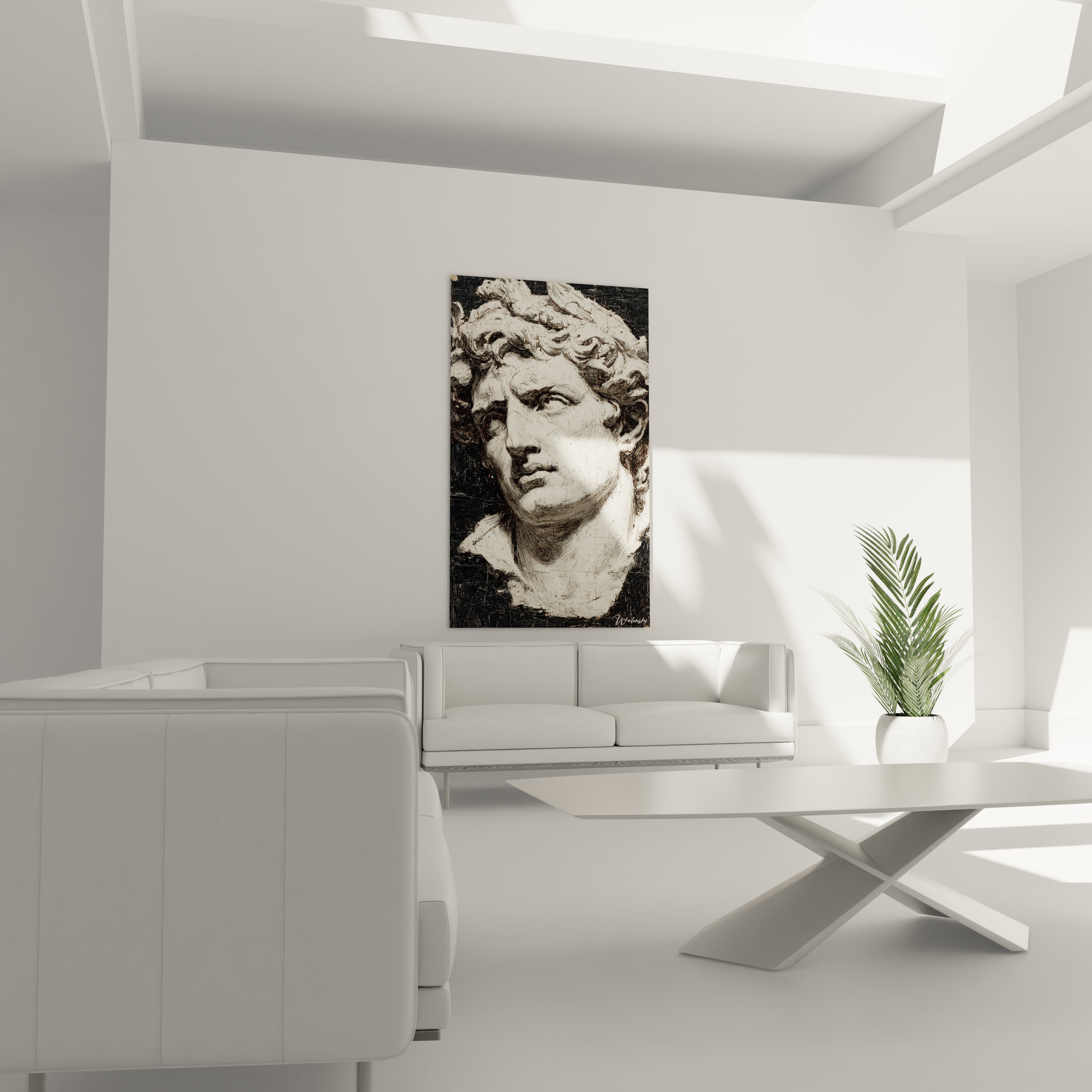 tableau buste marbre Alexandre le Grand par Walensky accroche dans salon moderne minimaliste sur mur blanc
