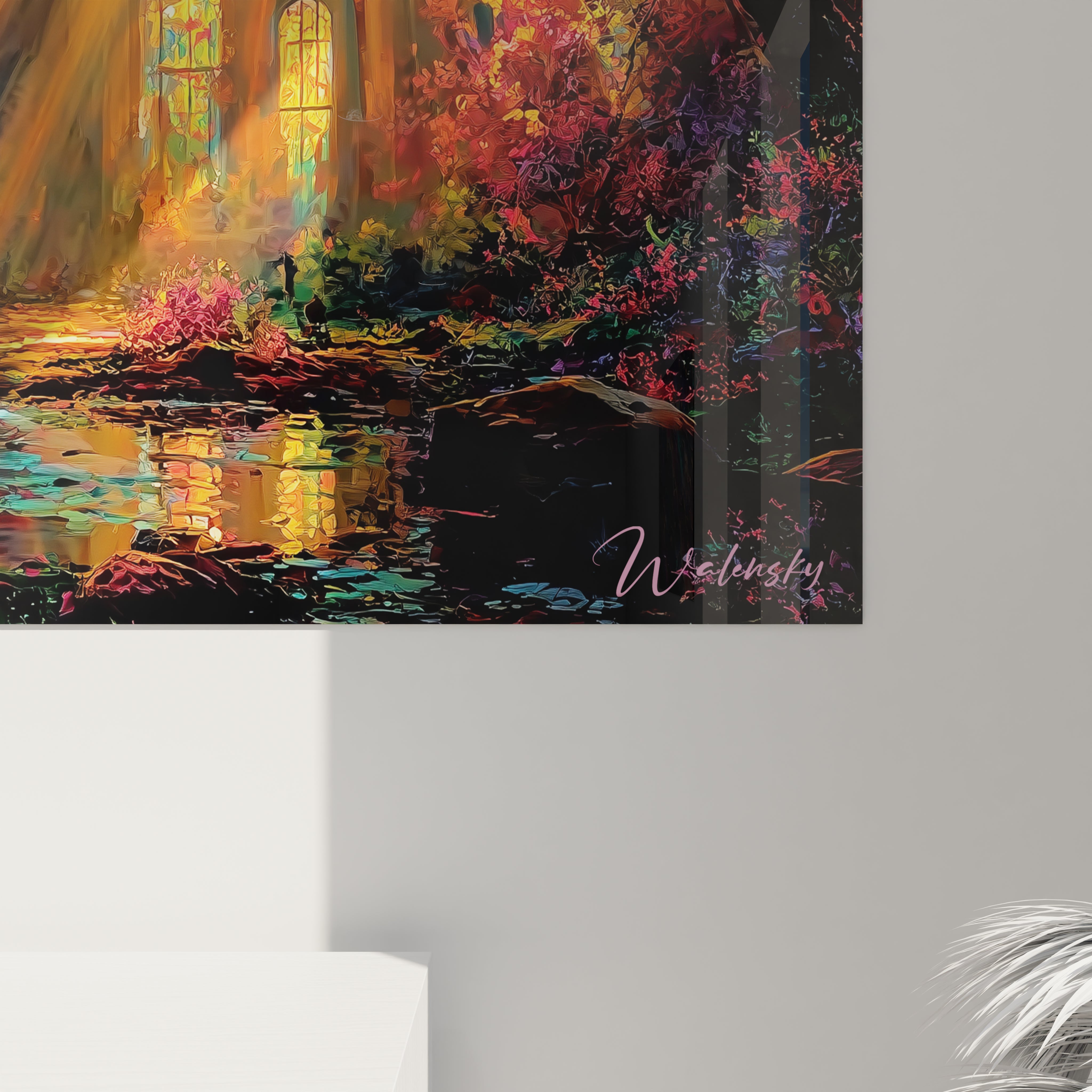 Tableau mural Walensky d une cathédrale aux vitraux feuillages d automne et reflets sur l eau tableau cathédrale gothique automne