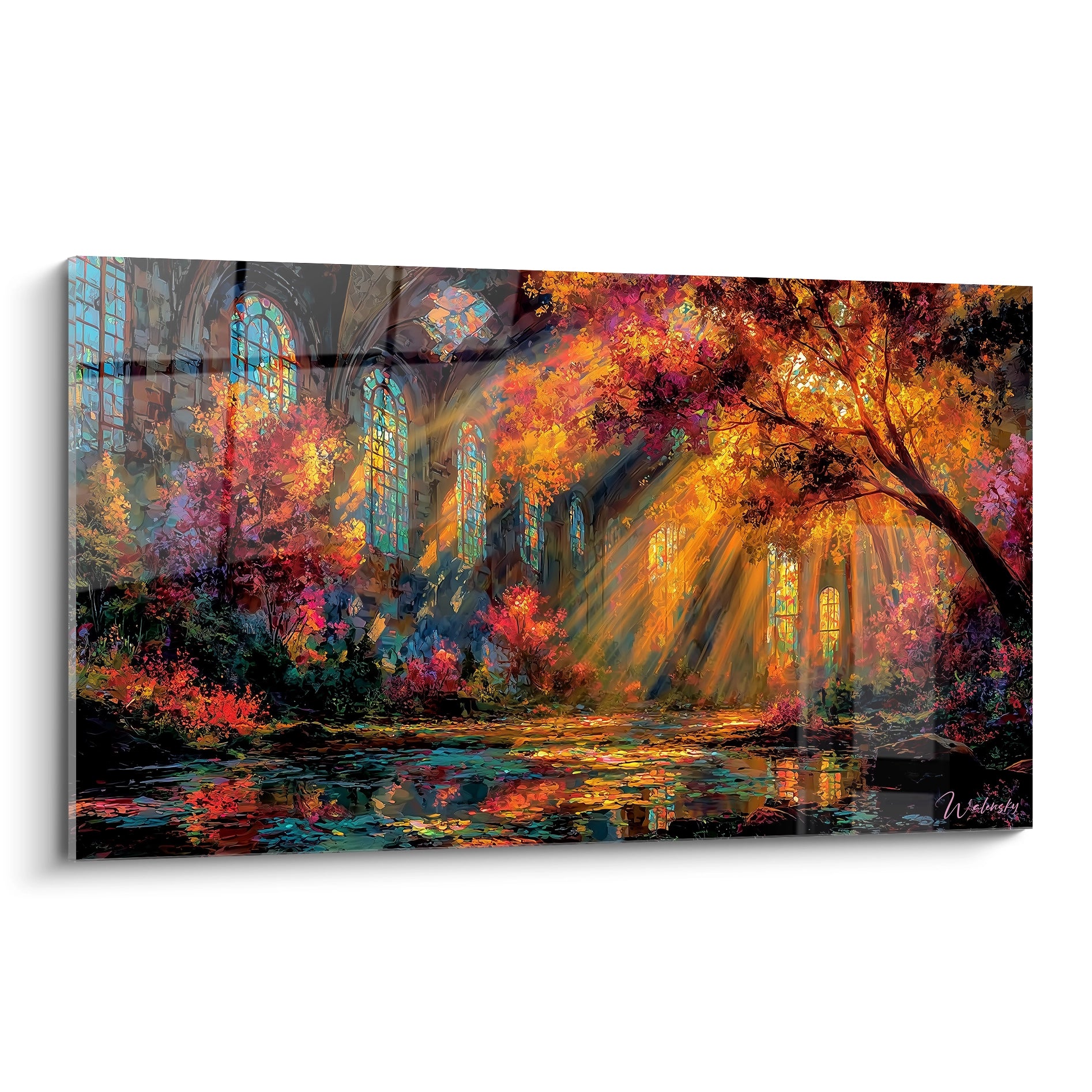tableau cathédrale gothique automne Walensky tableau mural avec vitraux, arbres automnaux, rayons de soleil et reflet sur l'étang