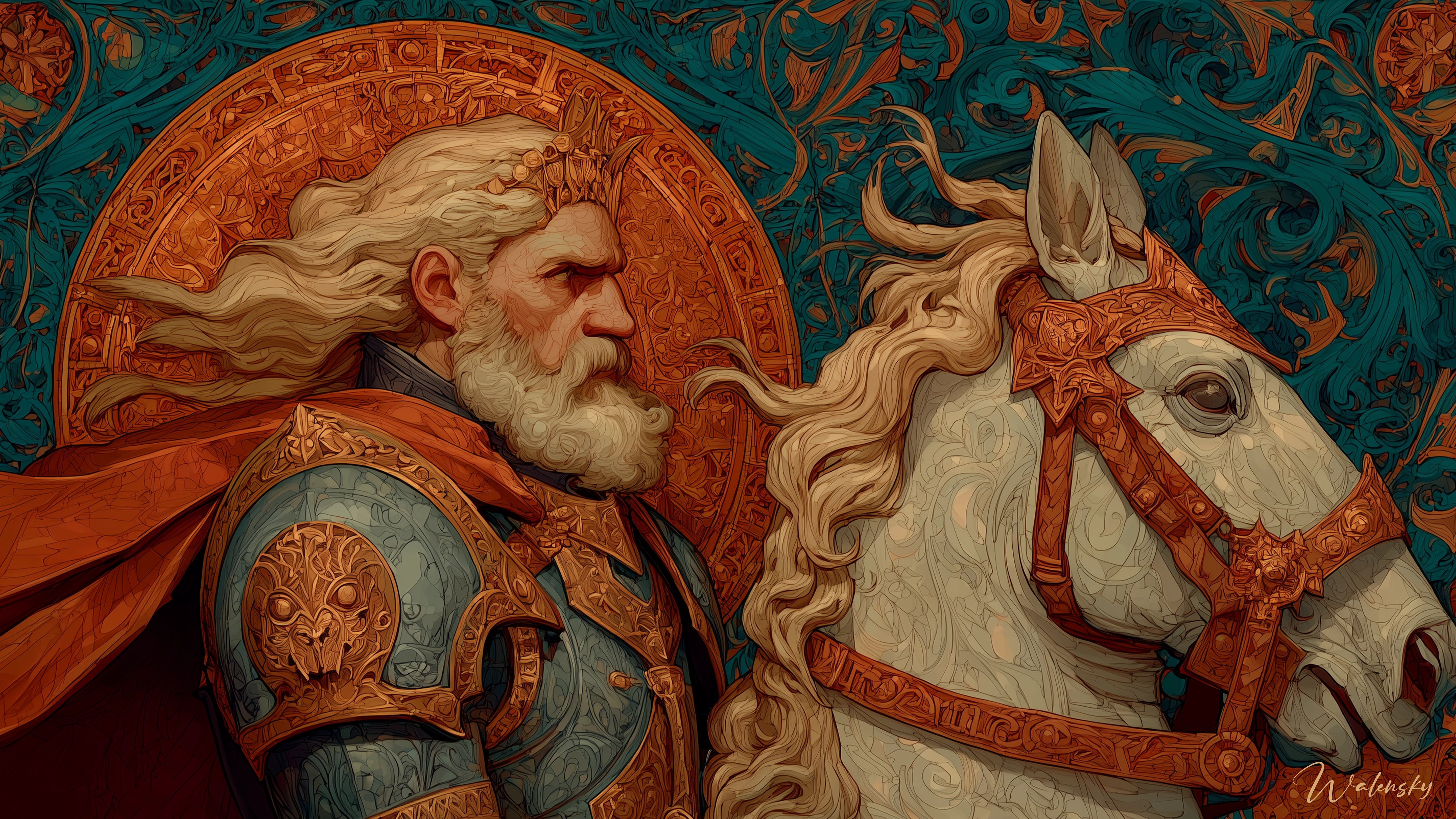 tableau Charlemagne destrier sacré mural Walensky représentant Charlemagne en armure et cheval blanc orné