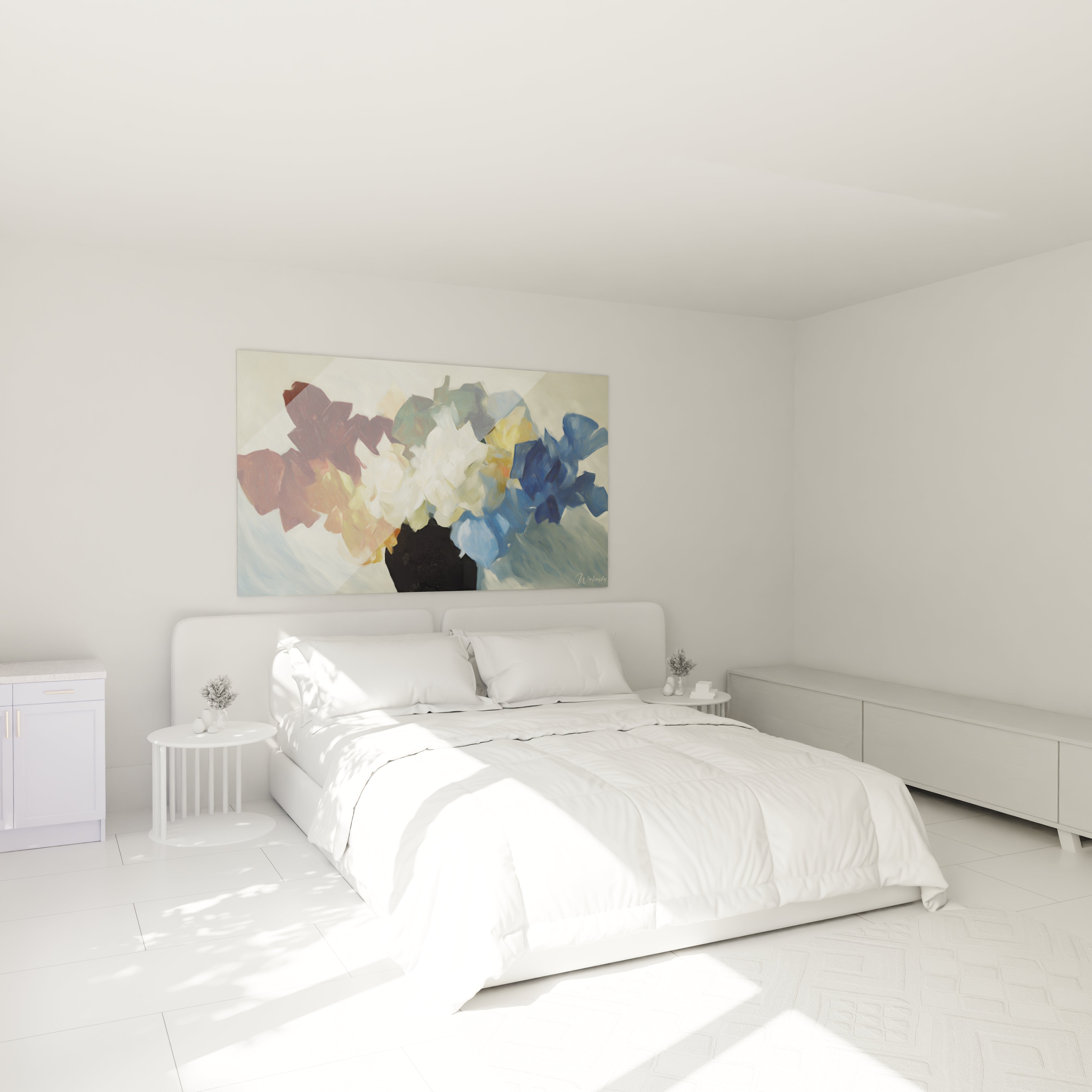 Tableau mural Walensky tableau dadaïsme bouquet de fleurs peinture abstraite colorée au dessus d un lit blanc minimaliste