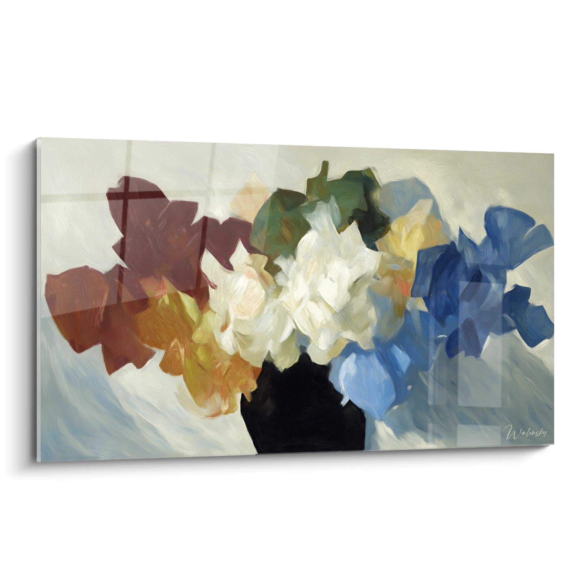 tableau dadaïsme bouquet de fleurs Walensky tableau mural abstrait avec vase noir et fleurs blanches bleues rouges et jaunes