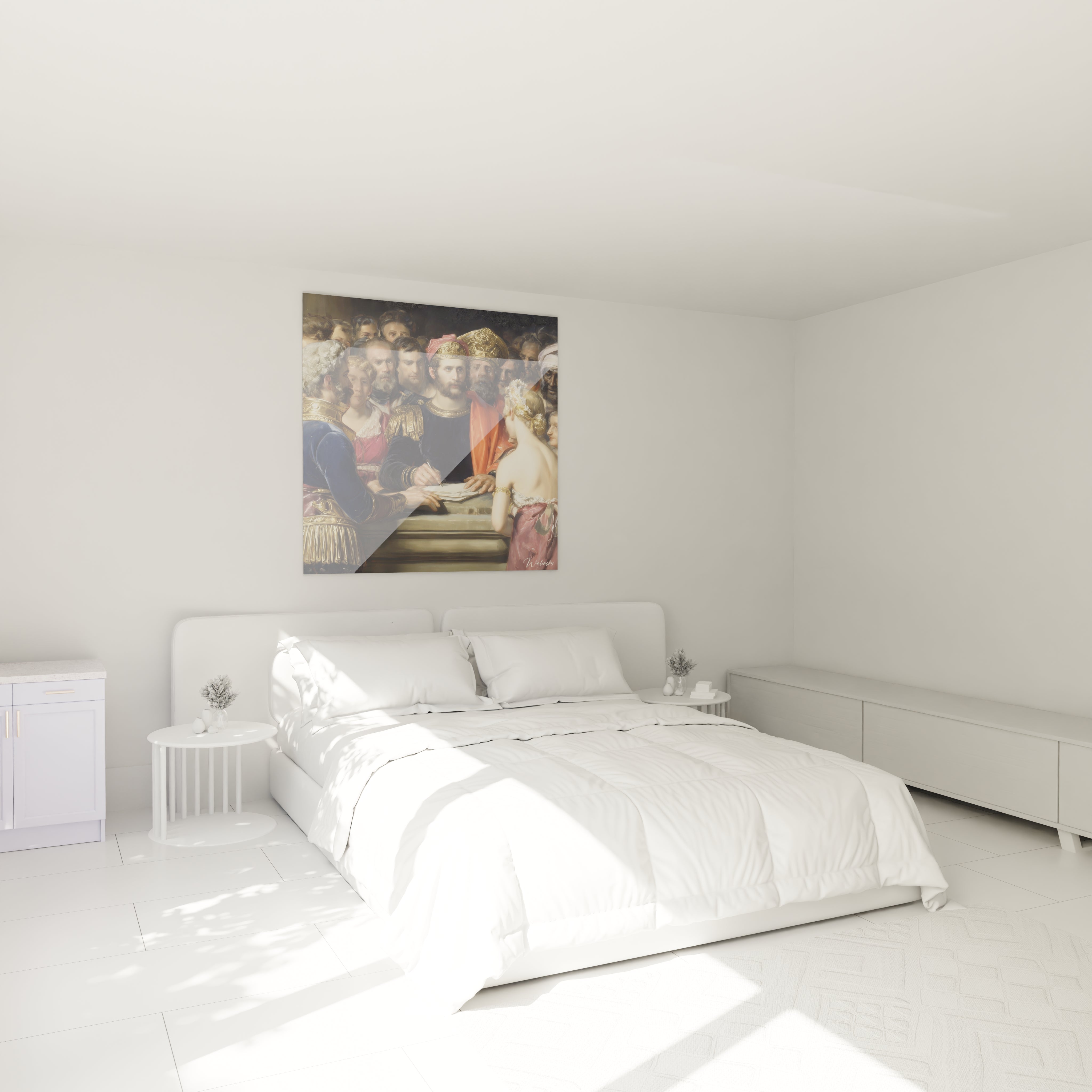 tableau empereur néo classique Walensky accroché au dessus d'un lit blanc dans une chambre minimaliste lumineuse