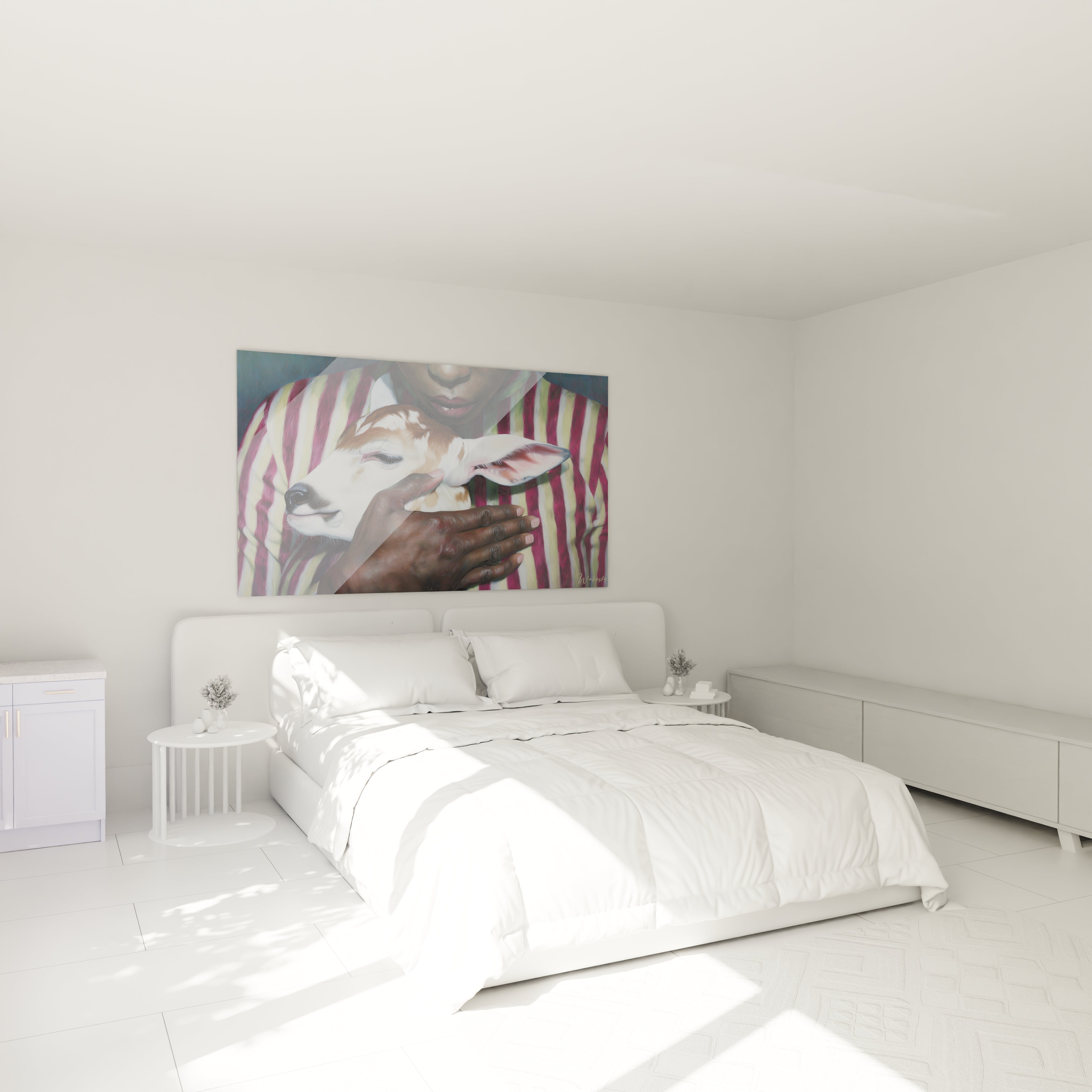 tableau faon hyperréalisme Walensky accroché au dessus d un lit blanc dans une chambre minimaliste